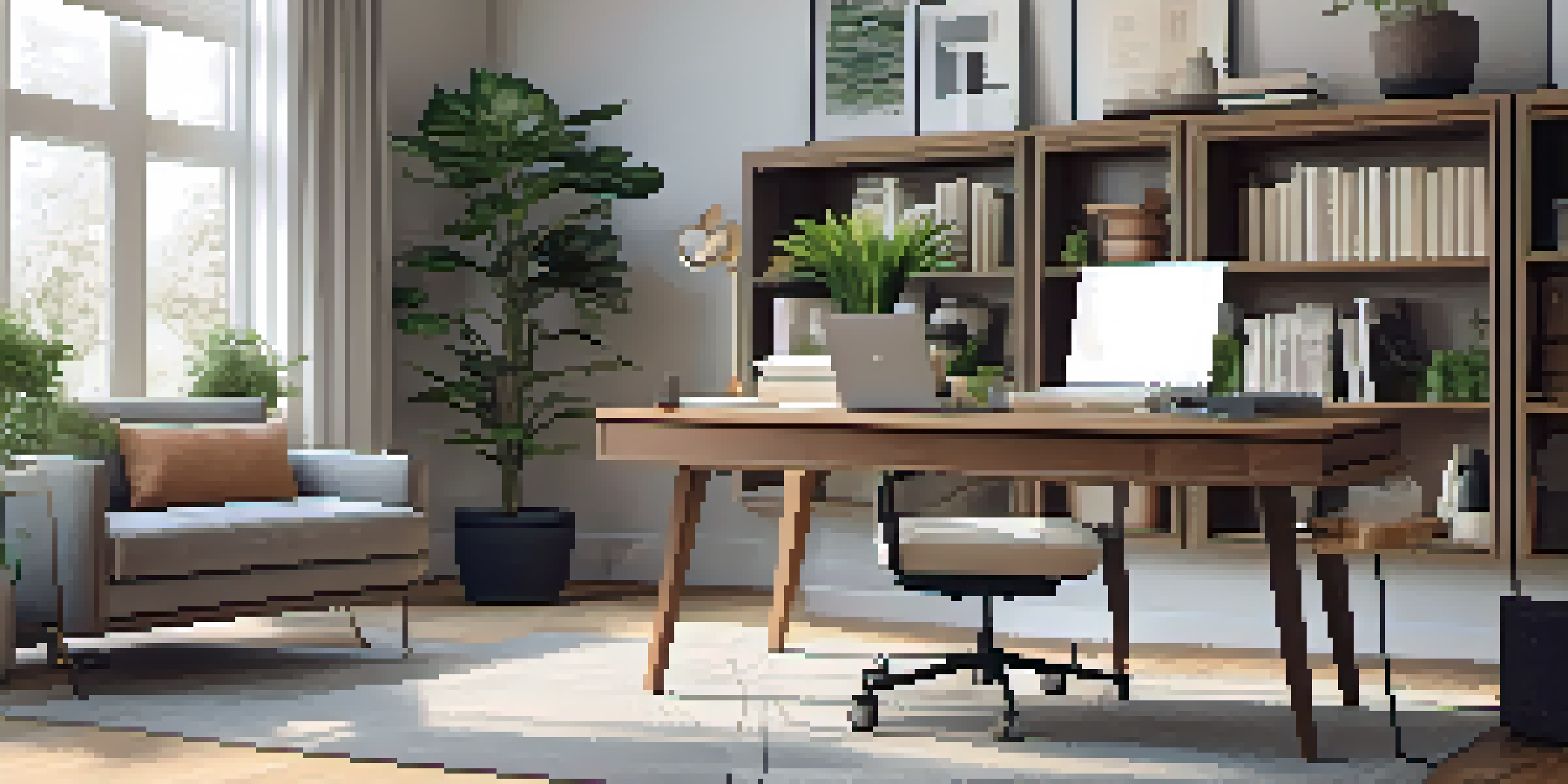 A bright and inviting modern home office with a wooden desk, ergonomic chair, and large windows filled with natural light.