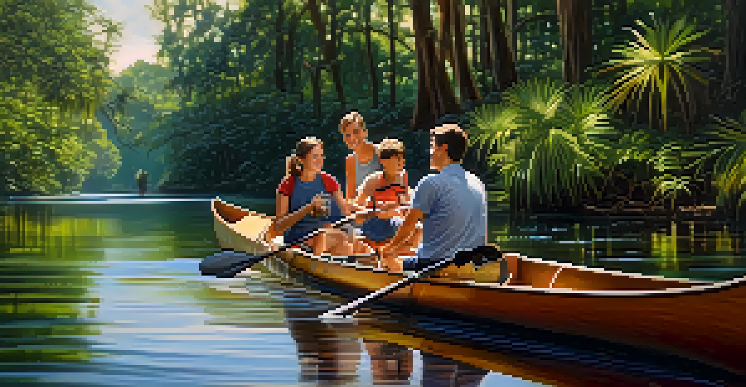 A family paddling a canoe on the Hillsborough River, surrounded by trees and wildlife, with smiles and sunlight creating a warm atmosphere.