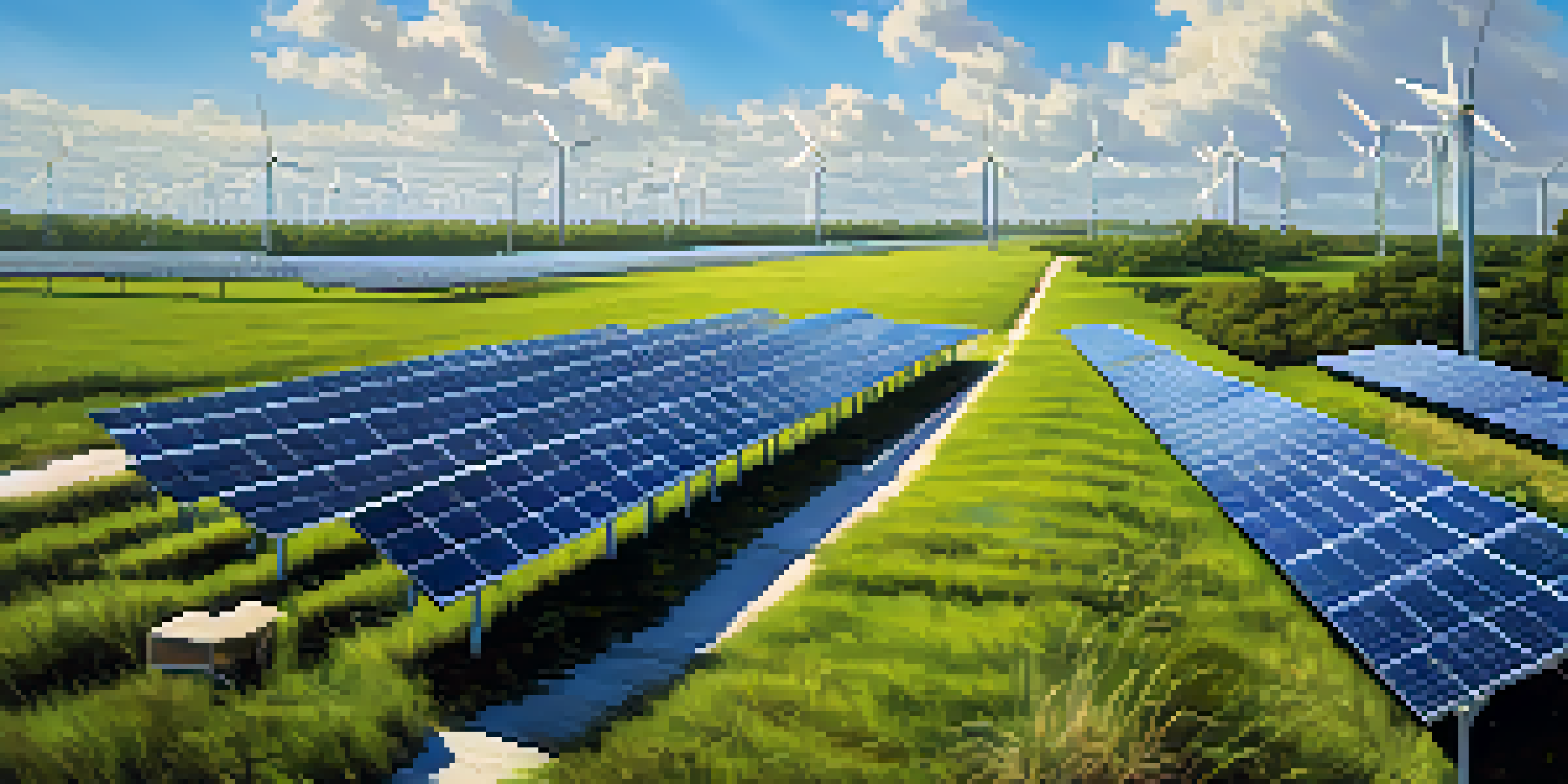 A sunny landscape with a solar farm displaying rows of solar panels and wind turbines in the background.