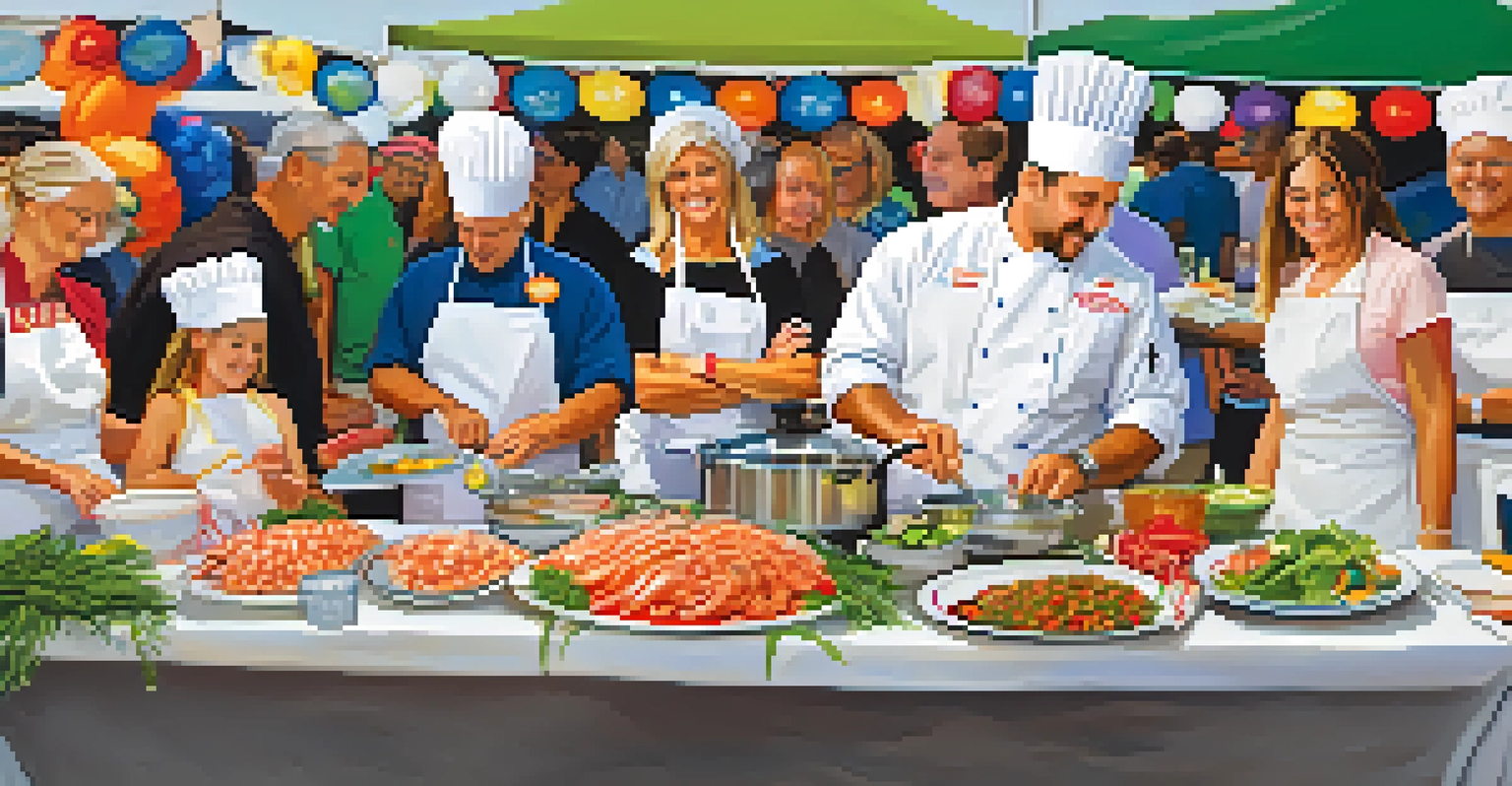 A local chef demonstrating seafood dishes at a Tampa food festival, with an audience watching and colorful decorations in the background.