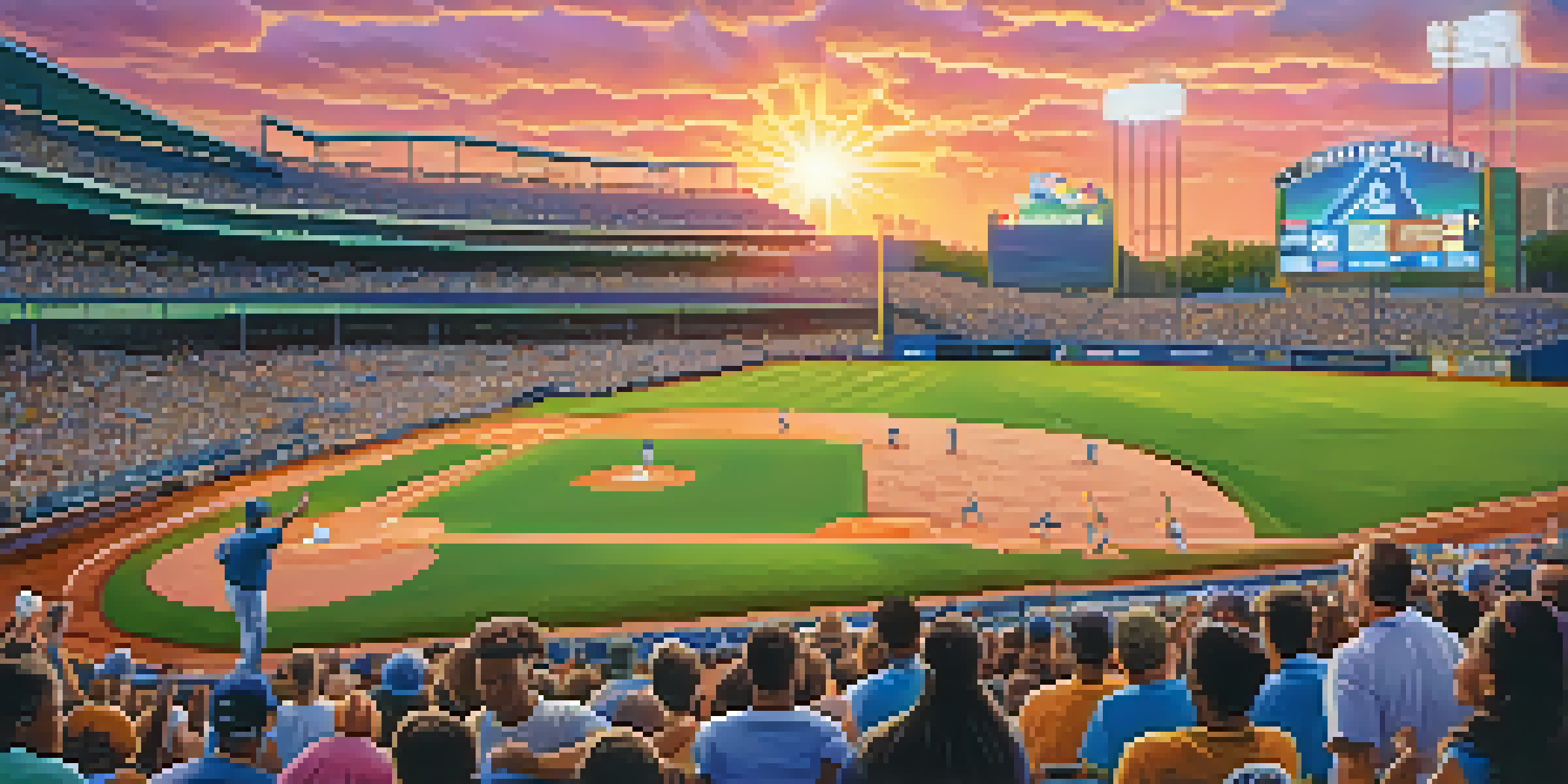 A baseball field at sunset with players in blue and yellow jerseys and enthusiastic fans in the stands.