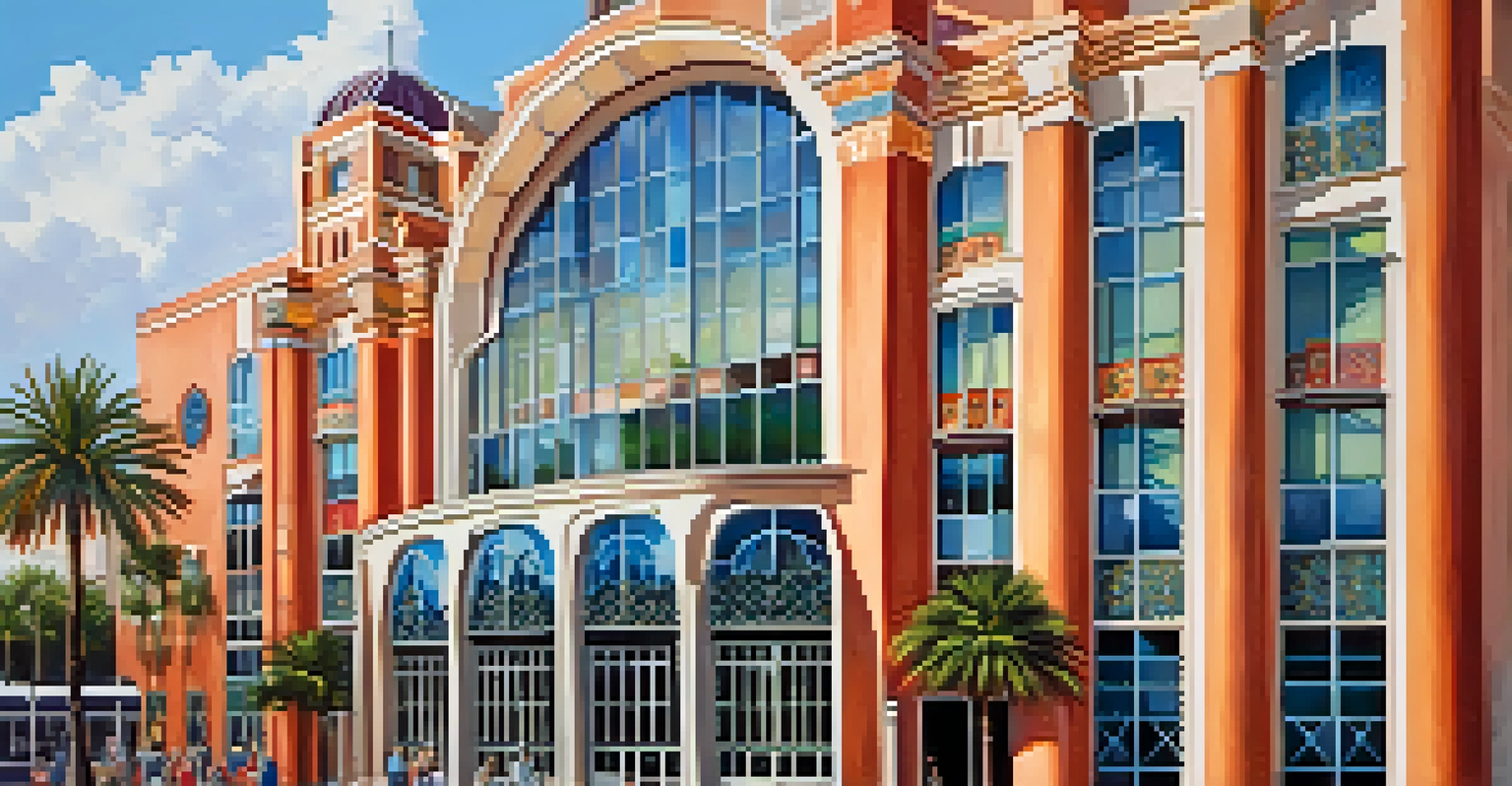 A modern building in Tampa with Spanish architectural elements set against a skyline of contemporary skyscrapers.