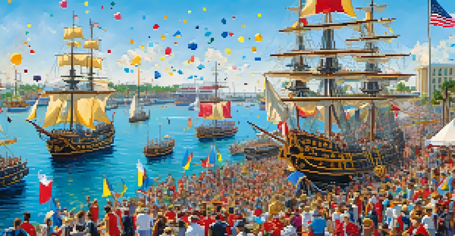 A lively scene depicting the Gasparilla Pirate Festival with colorful pirate ships and crowds in costumes.