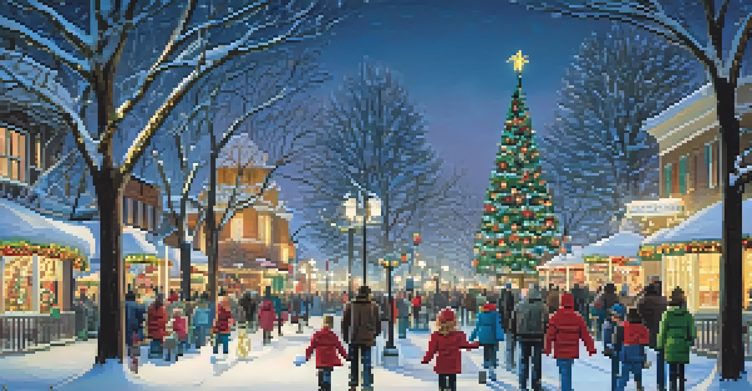 A festive scene at the Holiday in the Park festival with beautifully lit trees, families enjoying hot cocoa, and a warm holiday atmosphere.