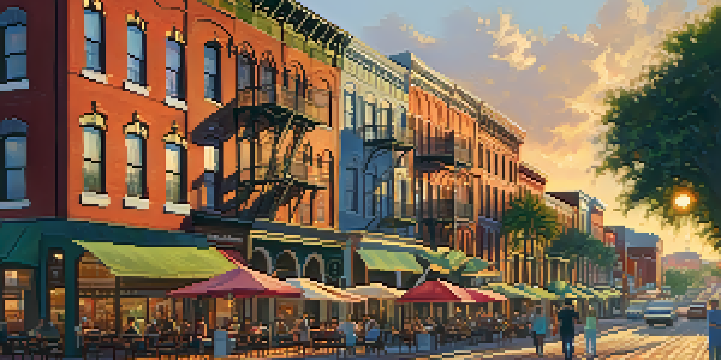 A vibrant street scene in Ybor City with historic brick buildings and wrought-iron balconies during golden hour.