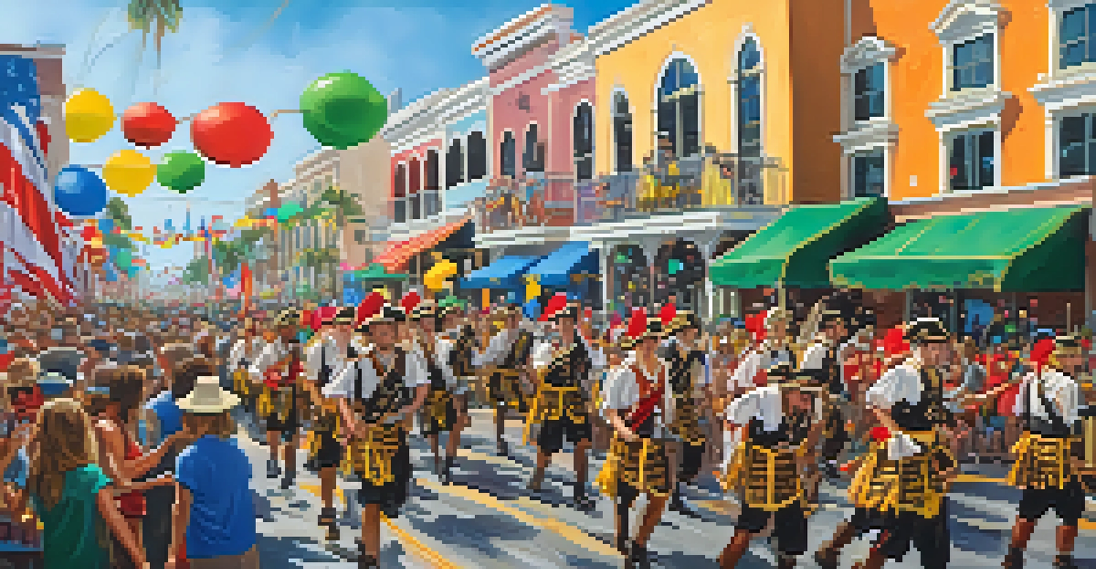 A festive Gasparilla Pirate Festival parade with colorful floats and people dressed as pirates in Tampa Bay.
