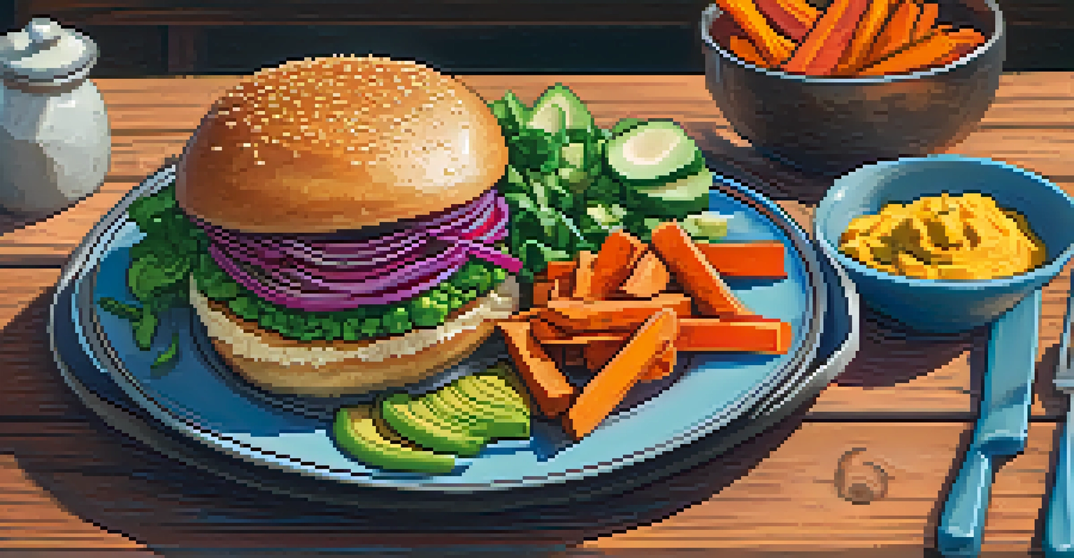 A colorful plate of vegan comfort food with a burger, avocado, and sweet potato fries on a rustic wooden table.