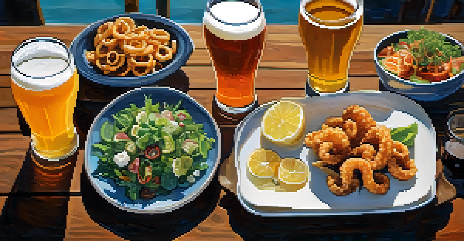 A flat lay image of assorted craft beers from Tampa breweries on a wooden table, accompanied by gourmet food like fried calamari and a salad, illuminated by natural light.