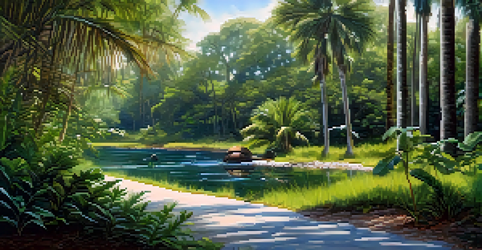 A calm waterfront with a winding trail, turtles on rocks, and birds in the sky, surrounded by vibrant greenery in the morning light.