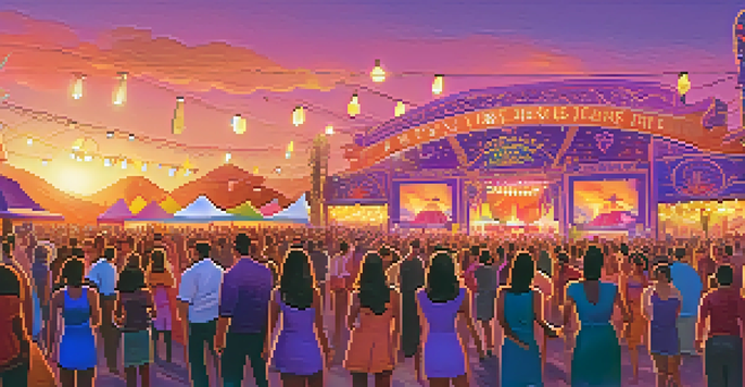 A lively outdoor music festival during sunset, with people dancing, food stalls, and colorful lights.