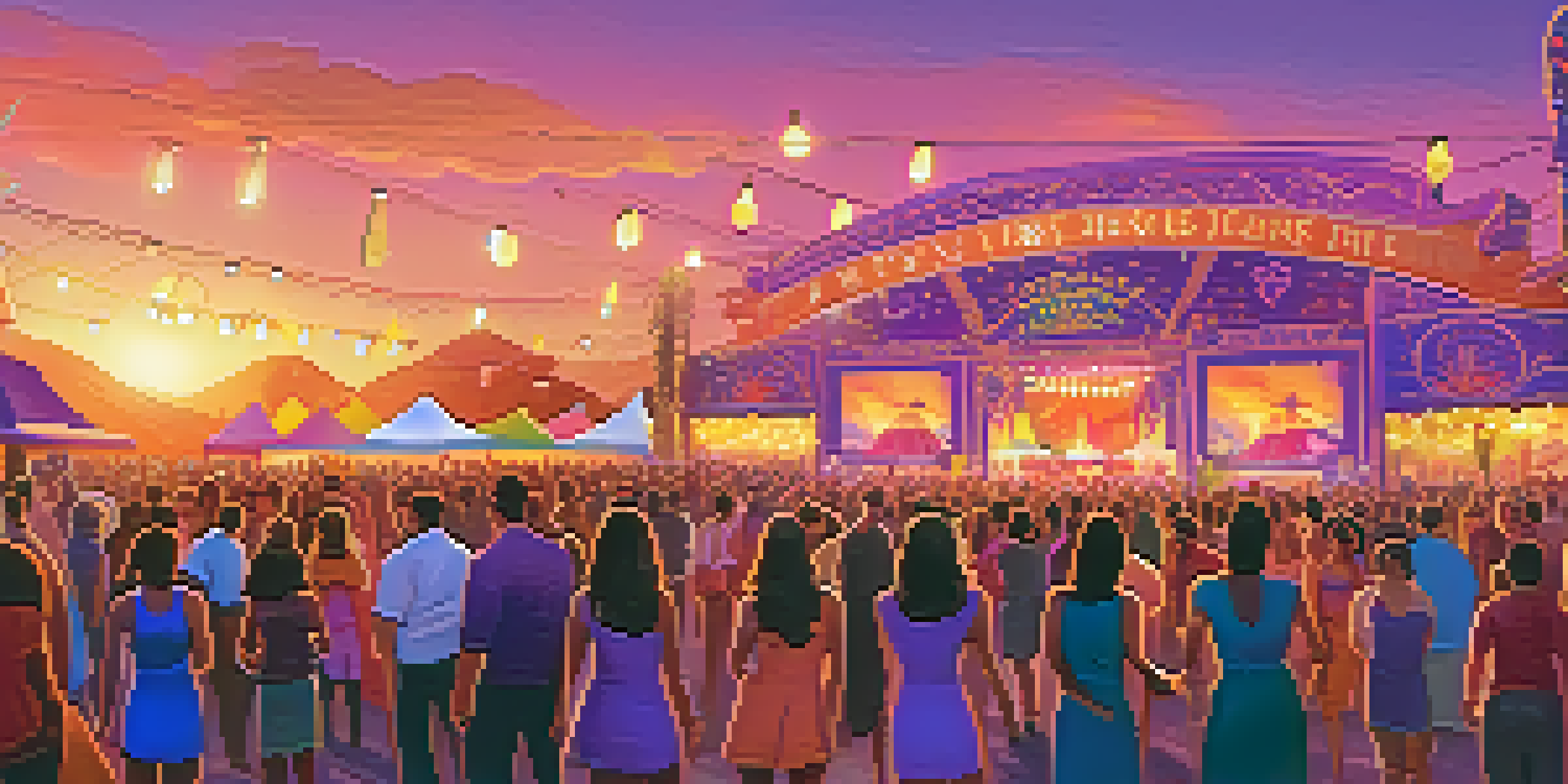 A lively outdoor music festival during sunset, with people dancing, food stalls, and colorful lights.