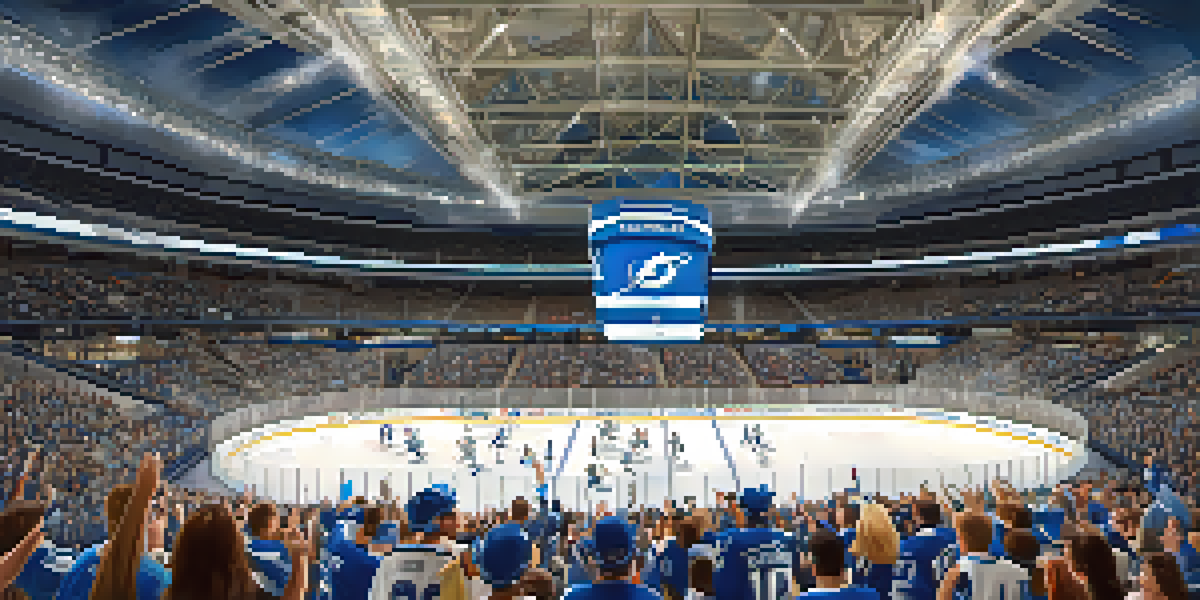 A lively hockey game scene inside Amalie Arena featuring enthusiastic fans in Tampa Bay Lightning jerseys, cheering for their team with colorful banners and bright arena lights illuminating the ice.