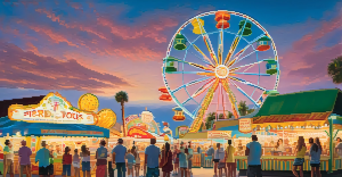 A lively Florida State Fair scene with a colorful Ferris wheel and families enjoying rides and games.