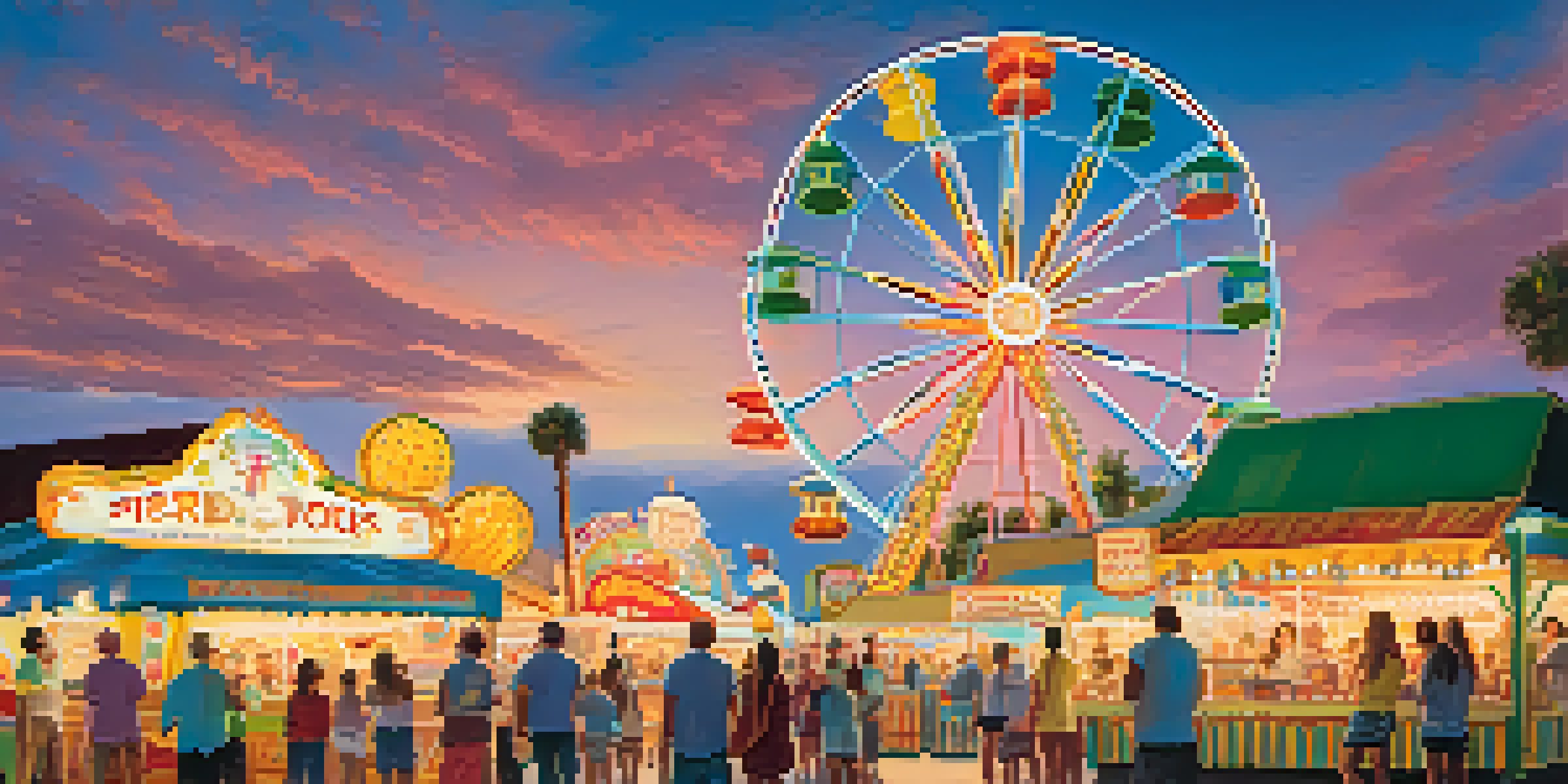 A lively Florida State Fair scene with a colorful Ferris wheel and families enjoying rides and games.