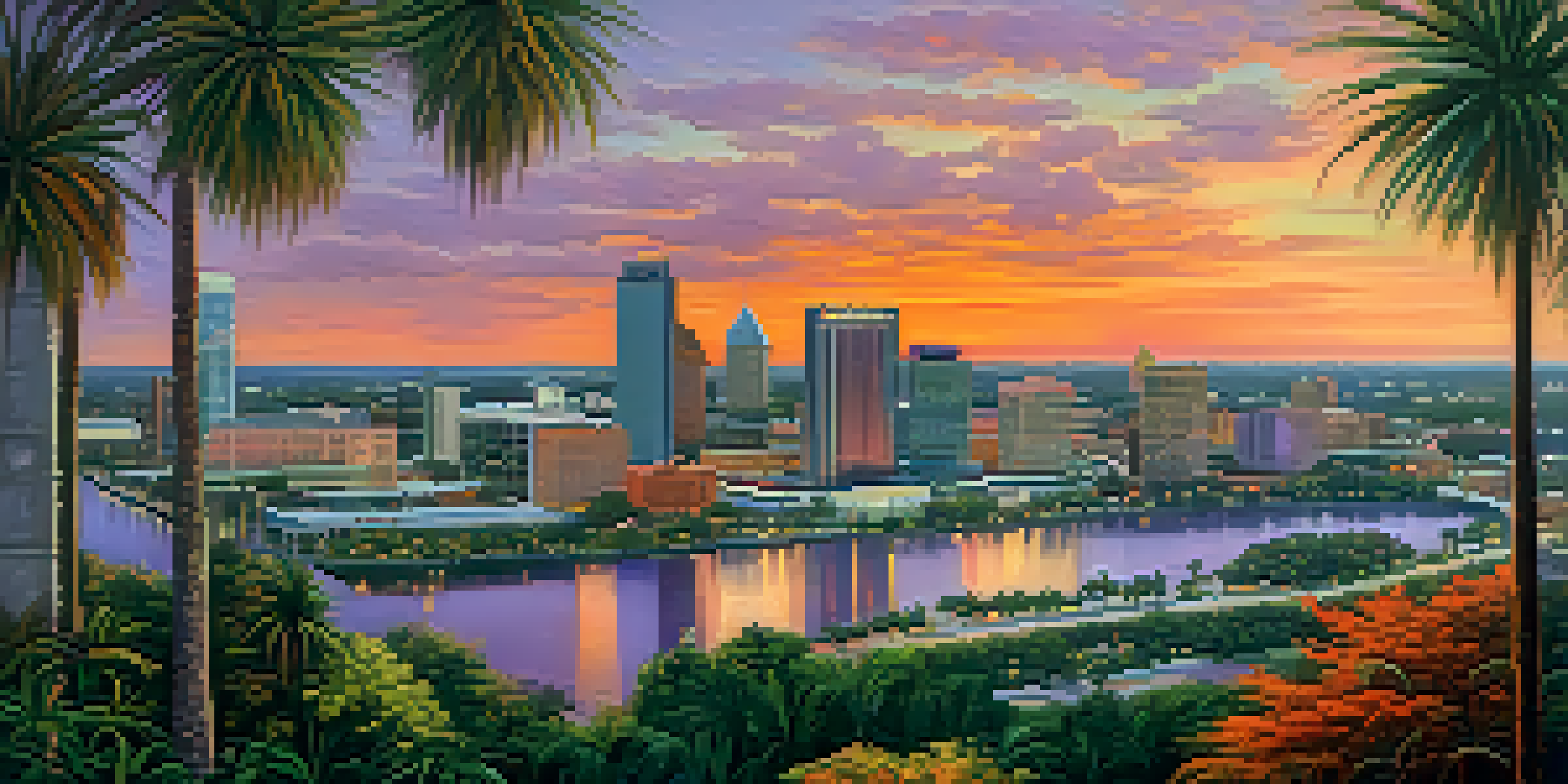 A sunset view of Tampa's skyline showcasing modern skyscrapers and historical religious buildings with vibrant colors in the sky.