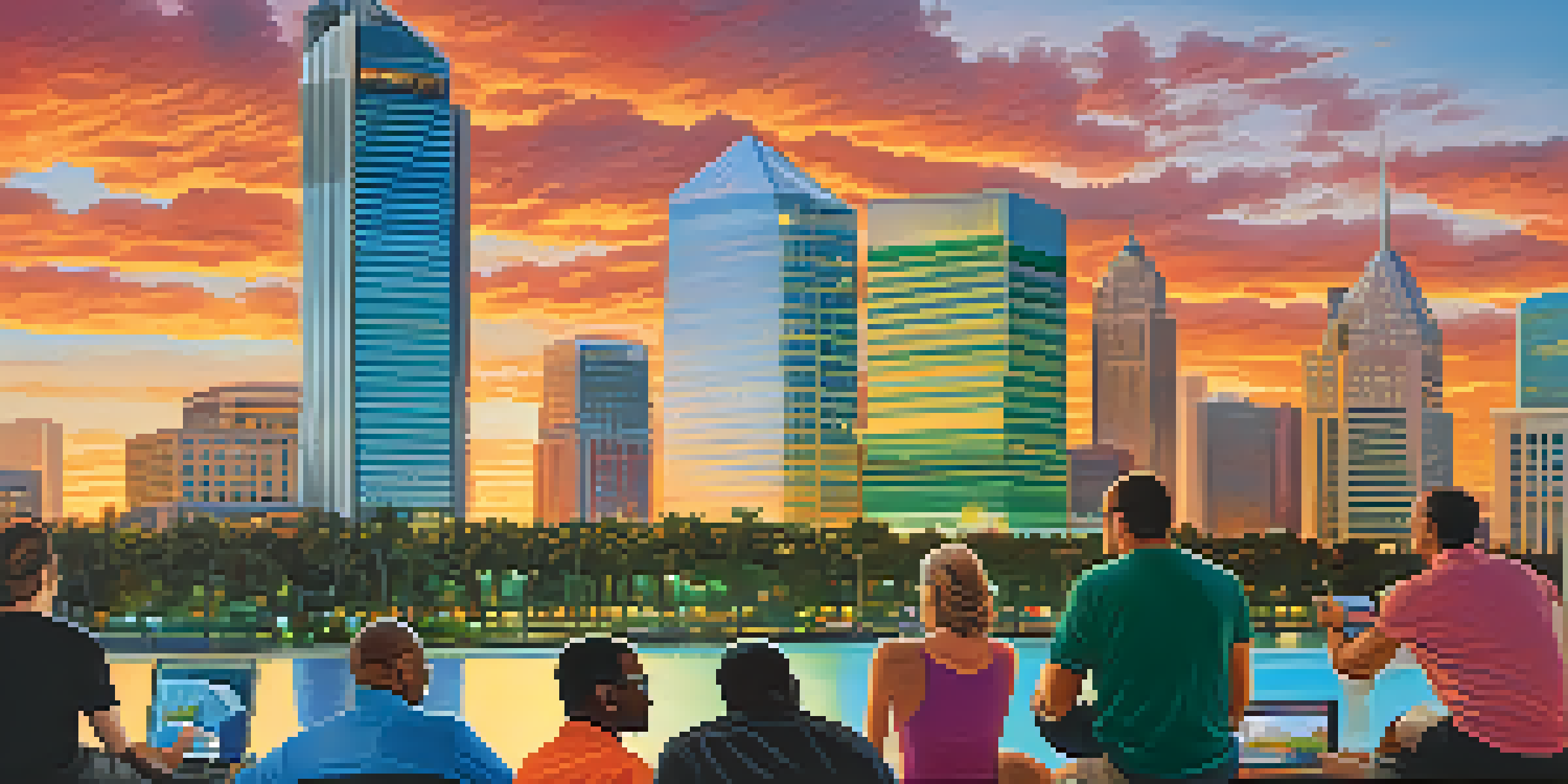 A vibrant sunset over Tampa's skyline with professionals discussing in the foreground, representing innovation.