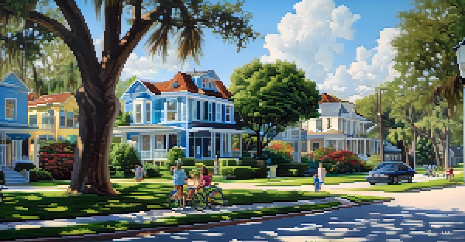 A peaceful South Tampa neighborhood with tree-lined streets, elegant homes, and families enjoying a sunny day at a park.