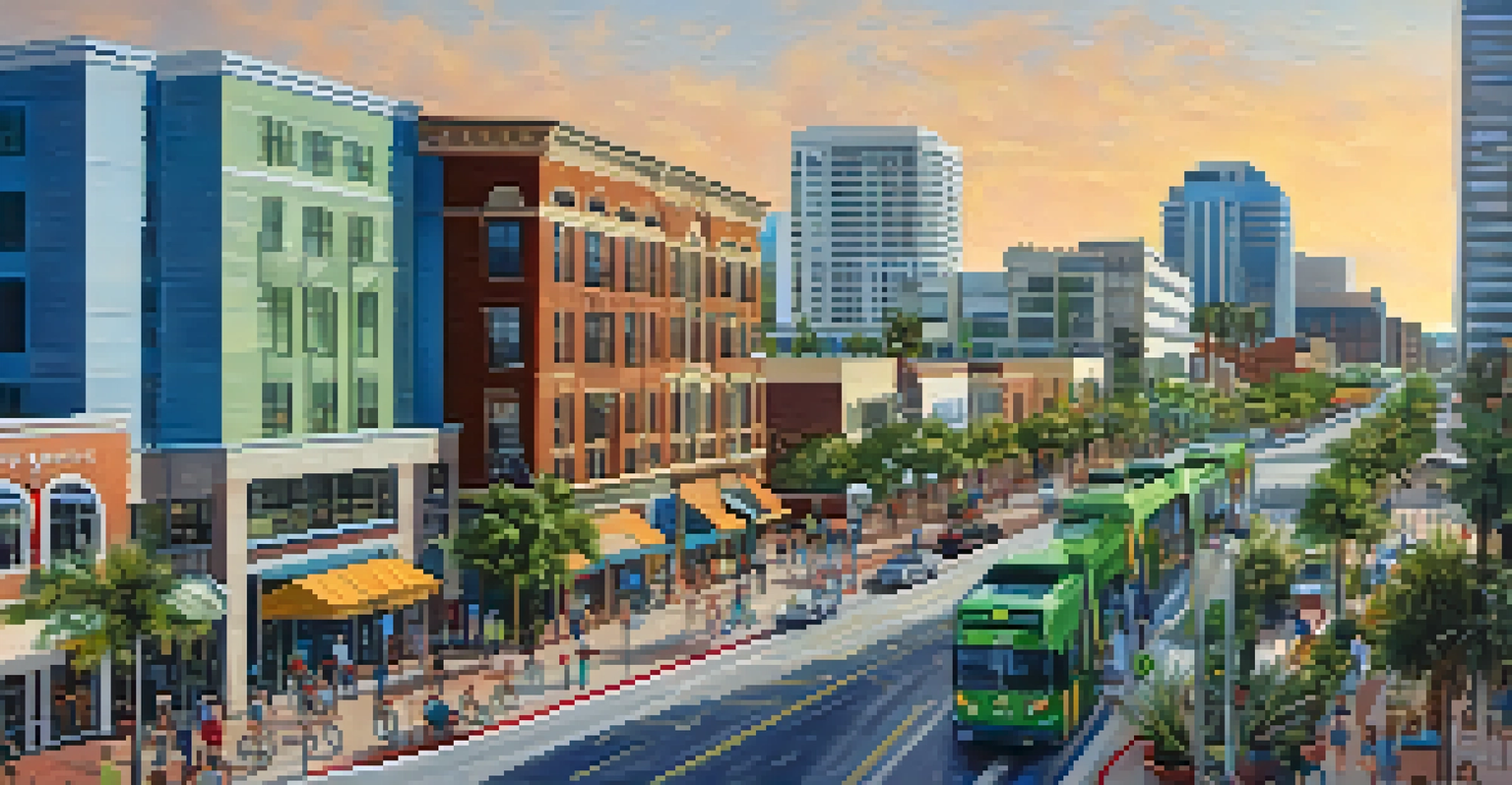 A bustling urban street in Tampa with mixed-use buildings, shops, and green rooftops, showcasing pedestrians and cyclists enjoying the vibrant city life under a clear blue sky.
