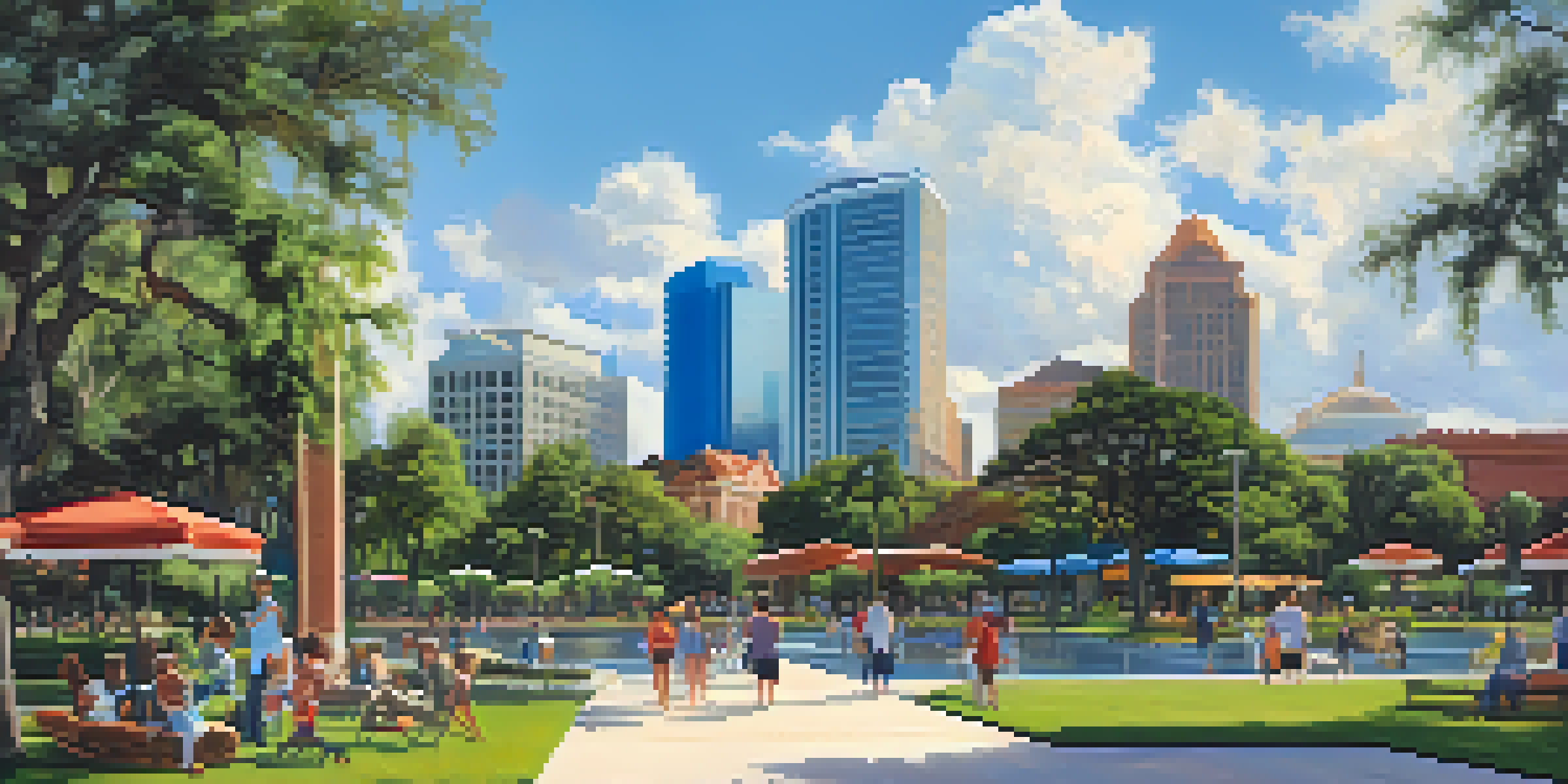 A colorful urban landscape in Tampa with skyscrapers and a historic building, featuring families in a park with greenery under a sunny blue sky.