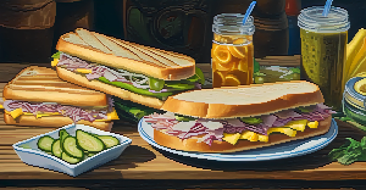 An assortment of Cuban sandwiches presented on a wooden table with garnishes and decorations.
