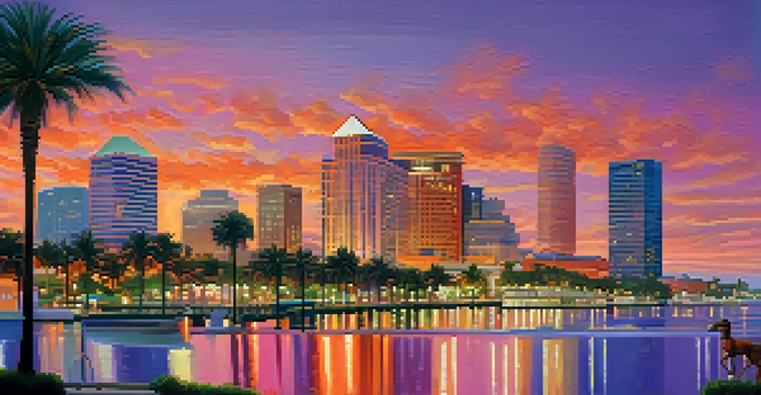 A sunset view of Tampa's skyline with colorful sky and palm trees in the foreground.