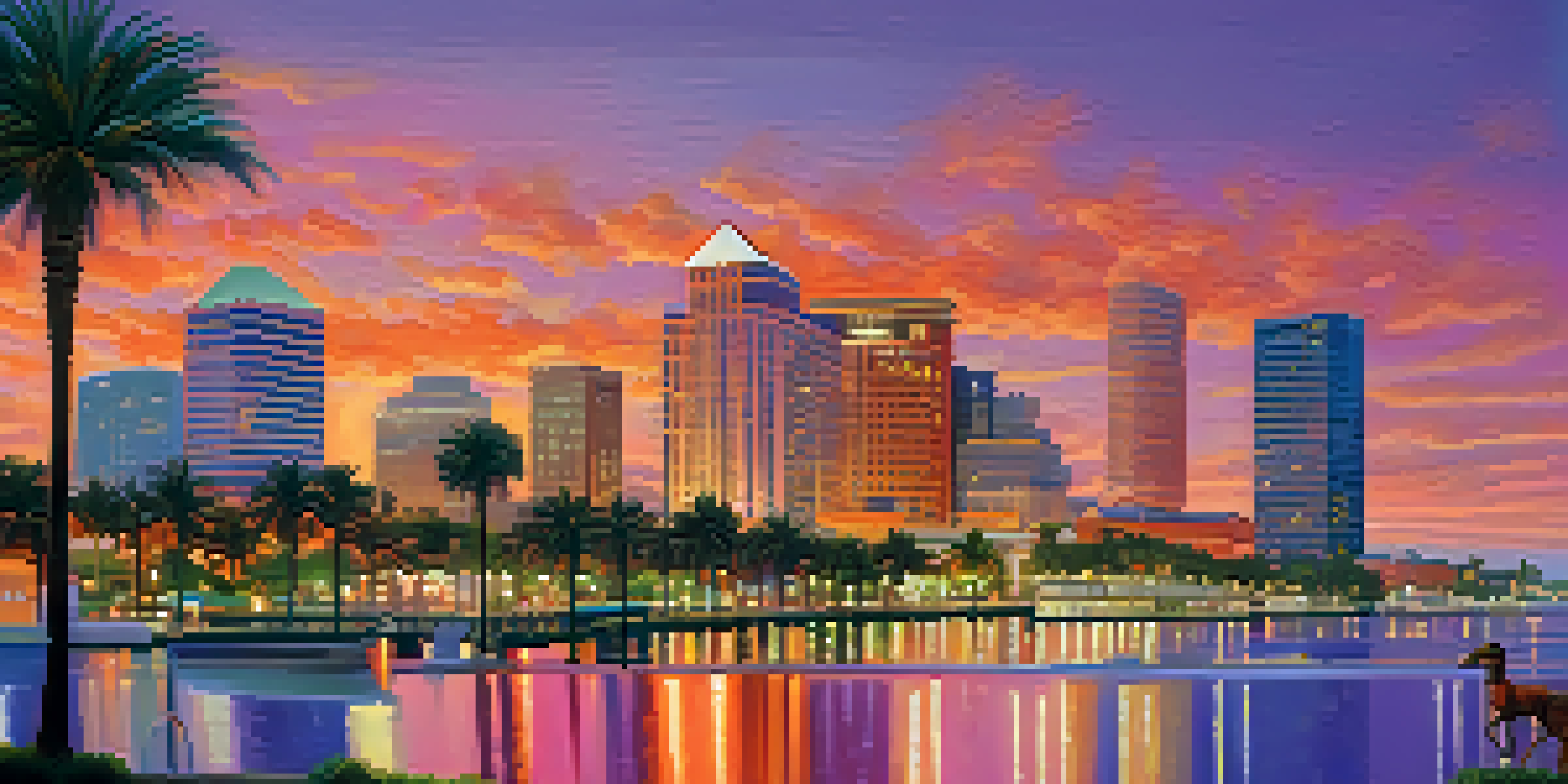 A sunset view of Tampa's skyline with colorful sky and palm trees in the foreground.