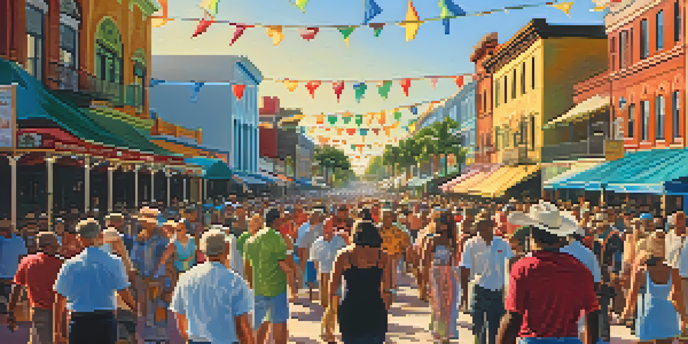 A lively street festival in Ybor City, Tampa, with colorful decorations, people dancing, food stalls, and musicians performing.