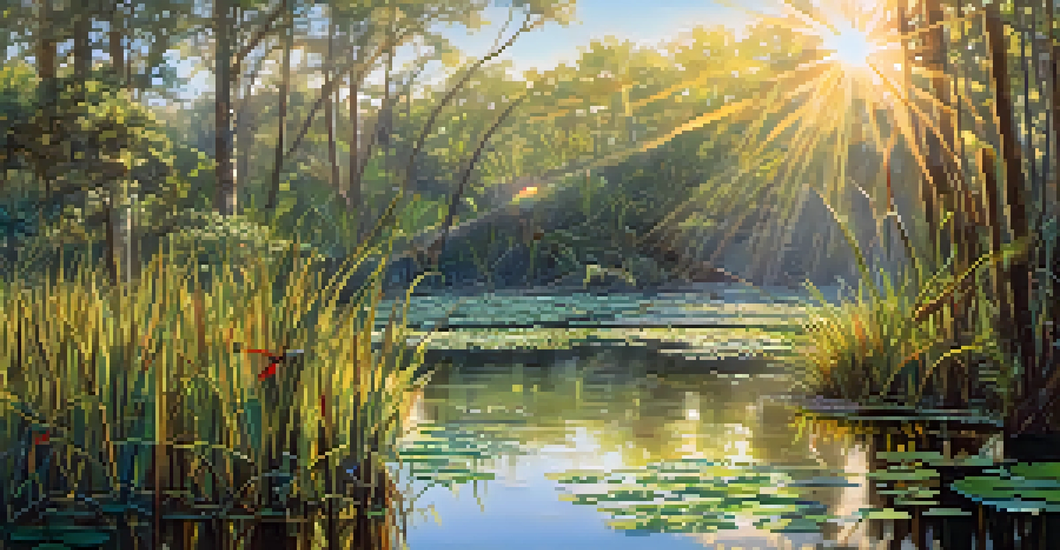 A close-up view of a vibrant wetland ecosystem in Tampa, featuring native plants and fish swimming in clear water.