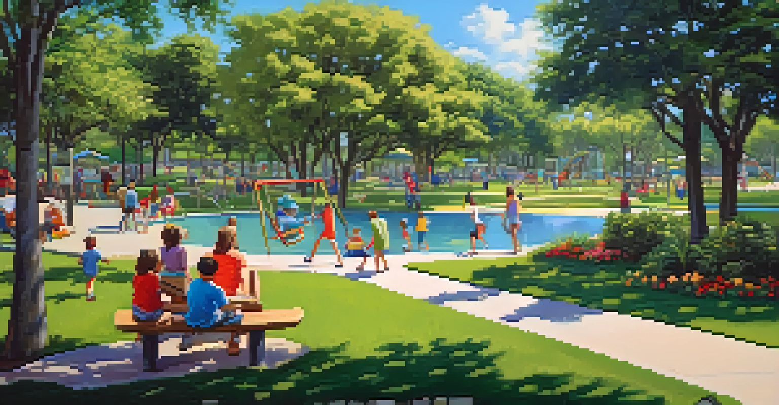 A lively community park in Tampa with families picnicking, children playing, and lush greenery under a clear blue sky.