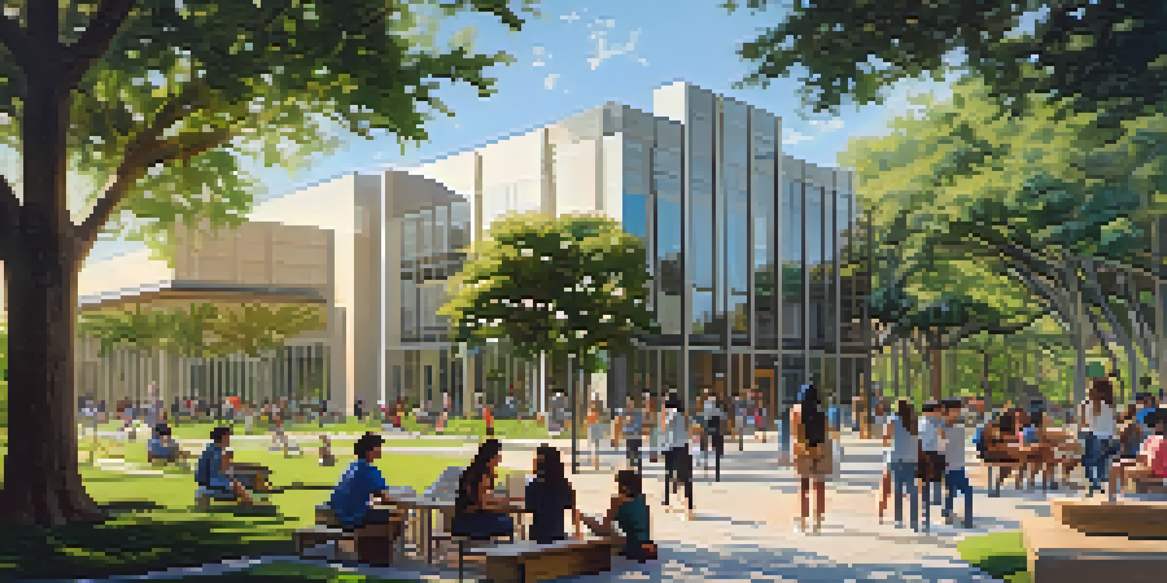 A lively university campus in Tampa with diverse students studying and collaborating under sunny skies.