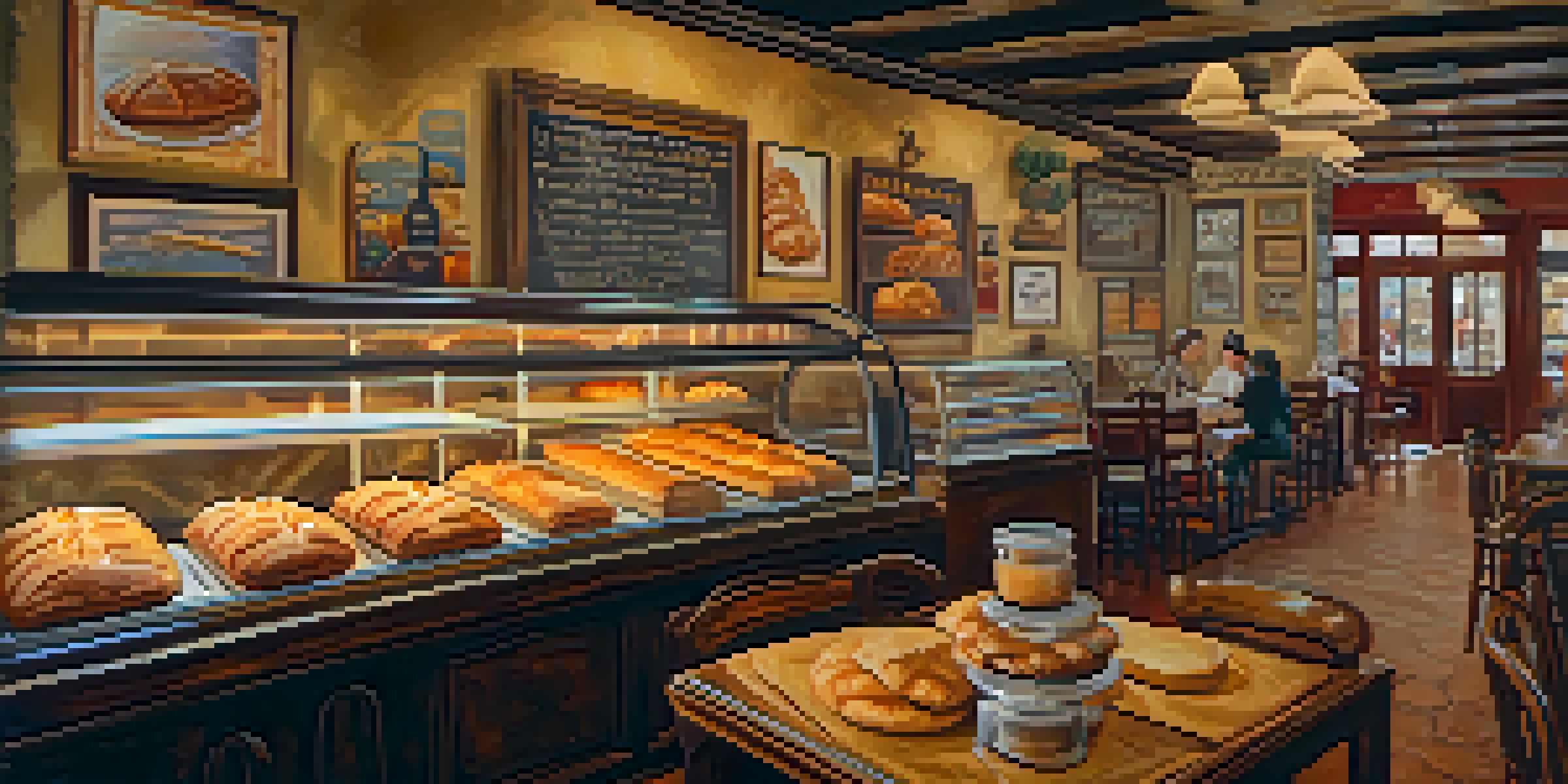 Interior of La Segunda Bakery with freshly baked Cuban bread and pastries displayed, warm lighting, rustic wooden tables, and vintage Cuban memorabilia on the walls.