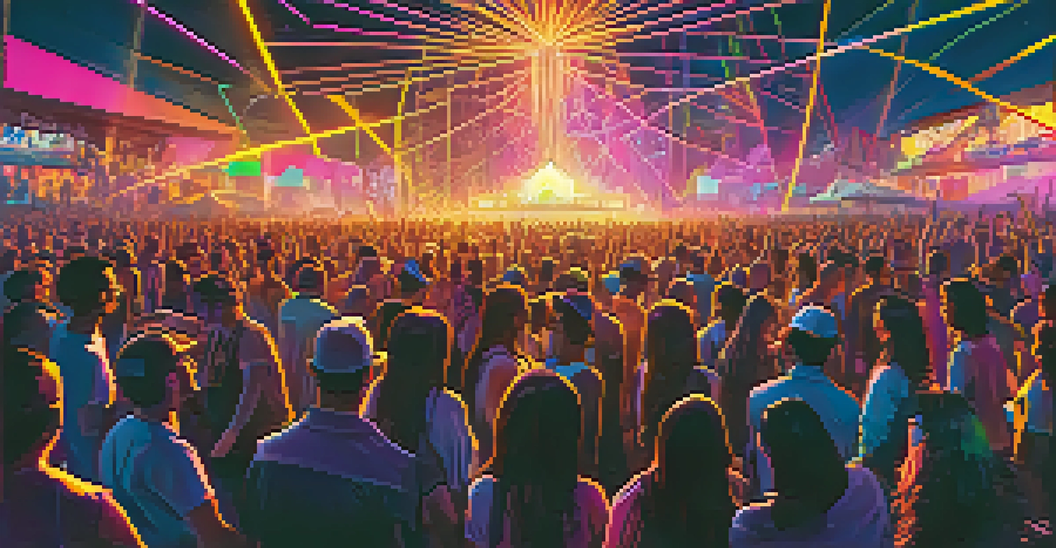 A pulsating EDM festival at night, with a crowd dancing amidst colorful light shows and art installations.