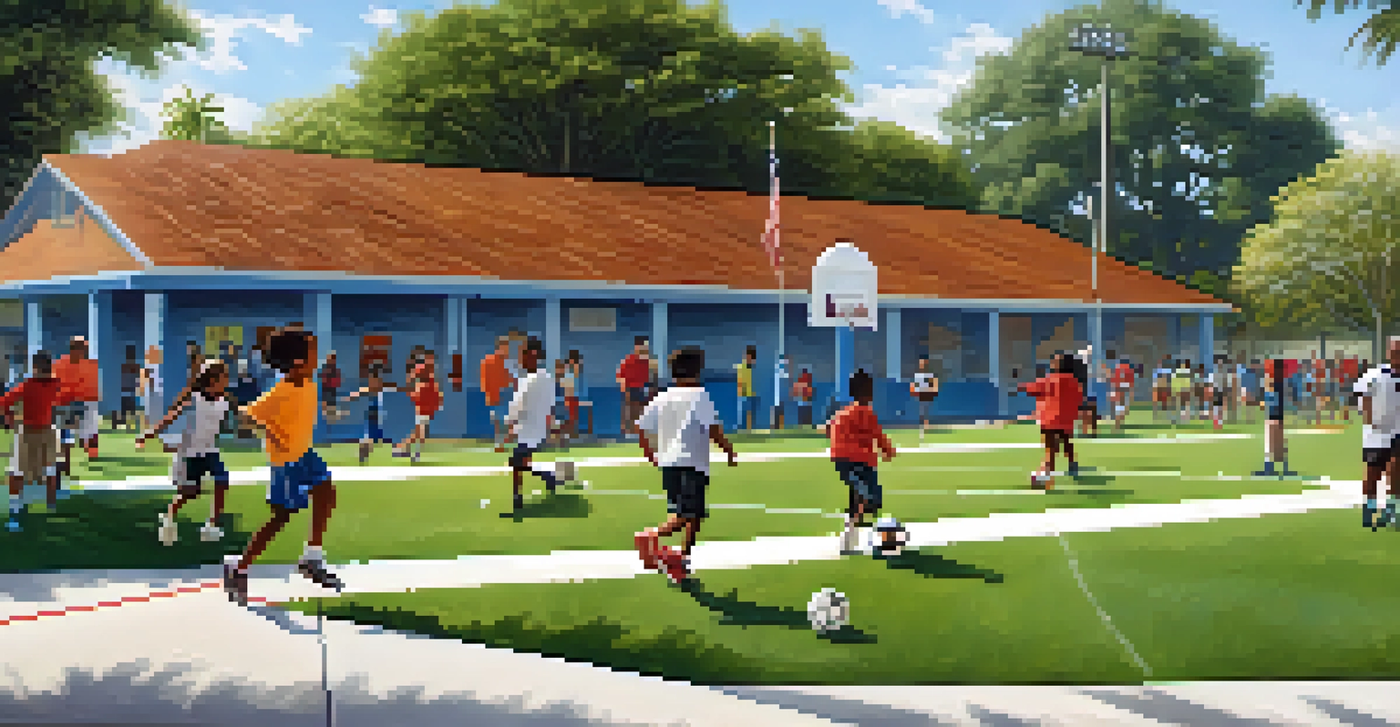 Children participating in a sports clinic at a park in Tampa Bay, with parents watching and cheering in the background.