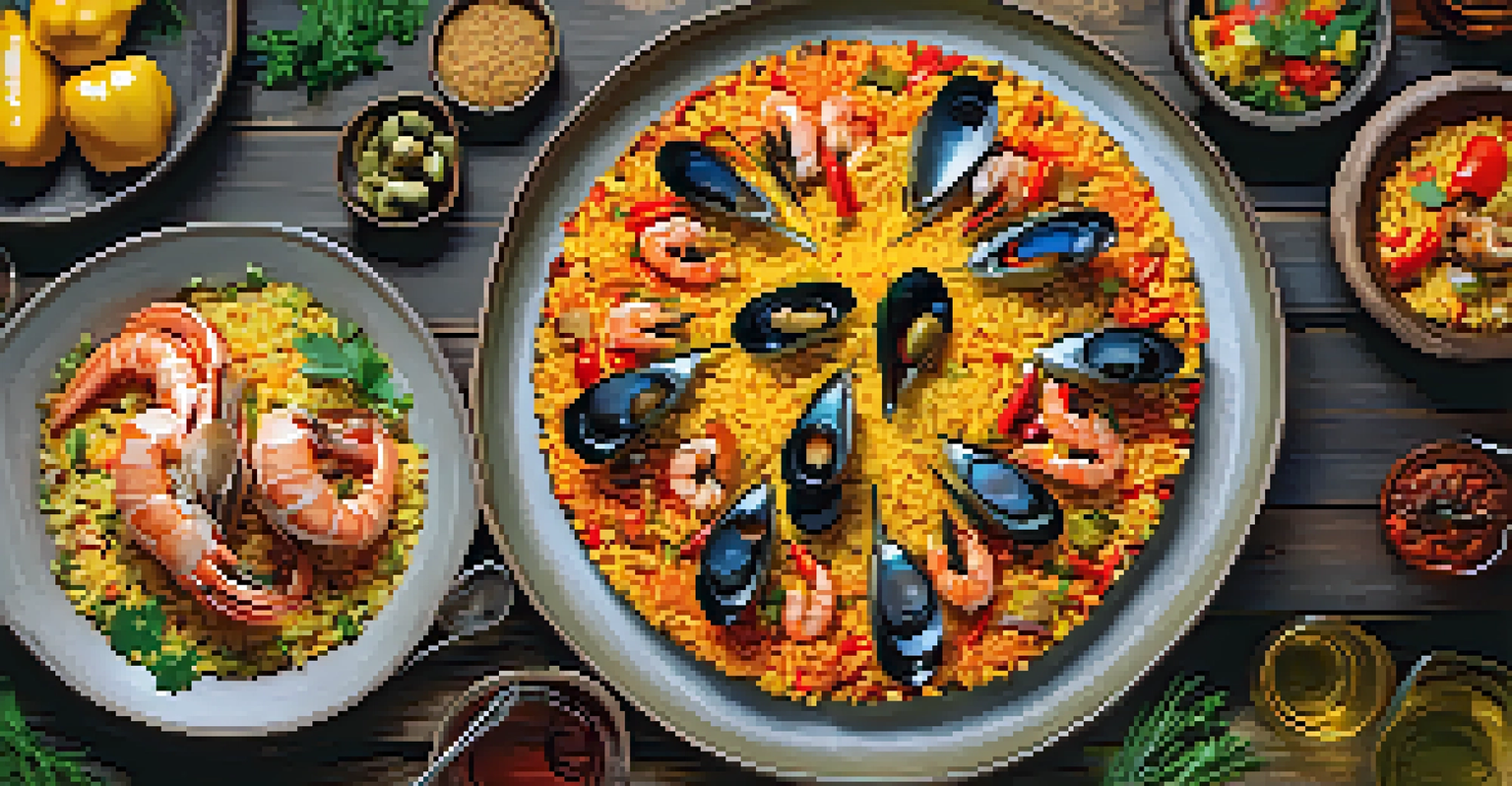 A traditional Spanish paella served on a table with tapas and a glass of wine, illuminated by candlelight.