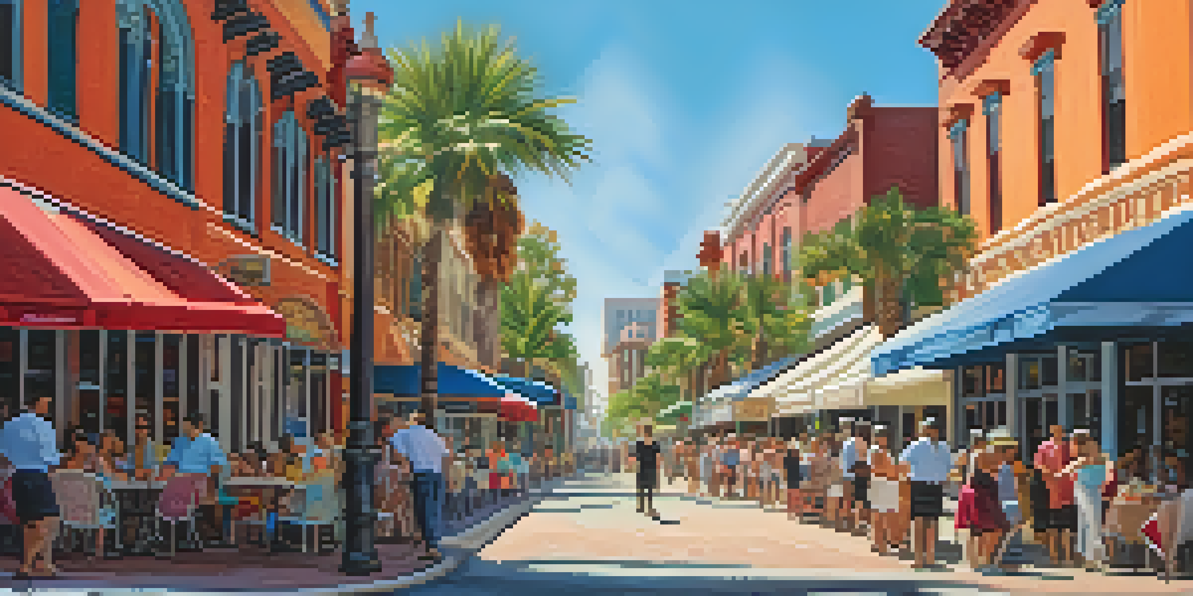 A lively street in Ybor City with colorful buildings, outdoor dining, and a flamenco dancer, illuminated by sunlight.