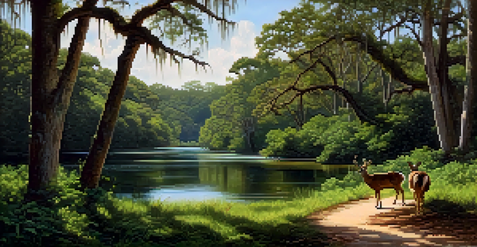 A winding trail in Alafia River State Park surrounded by oak trees and a calm river, with deer grazing in the background.
