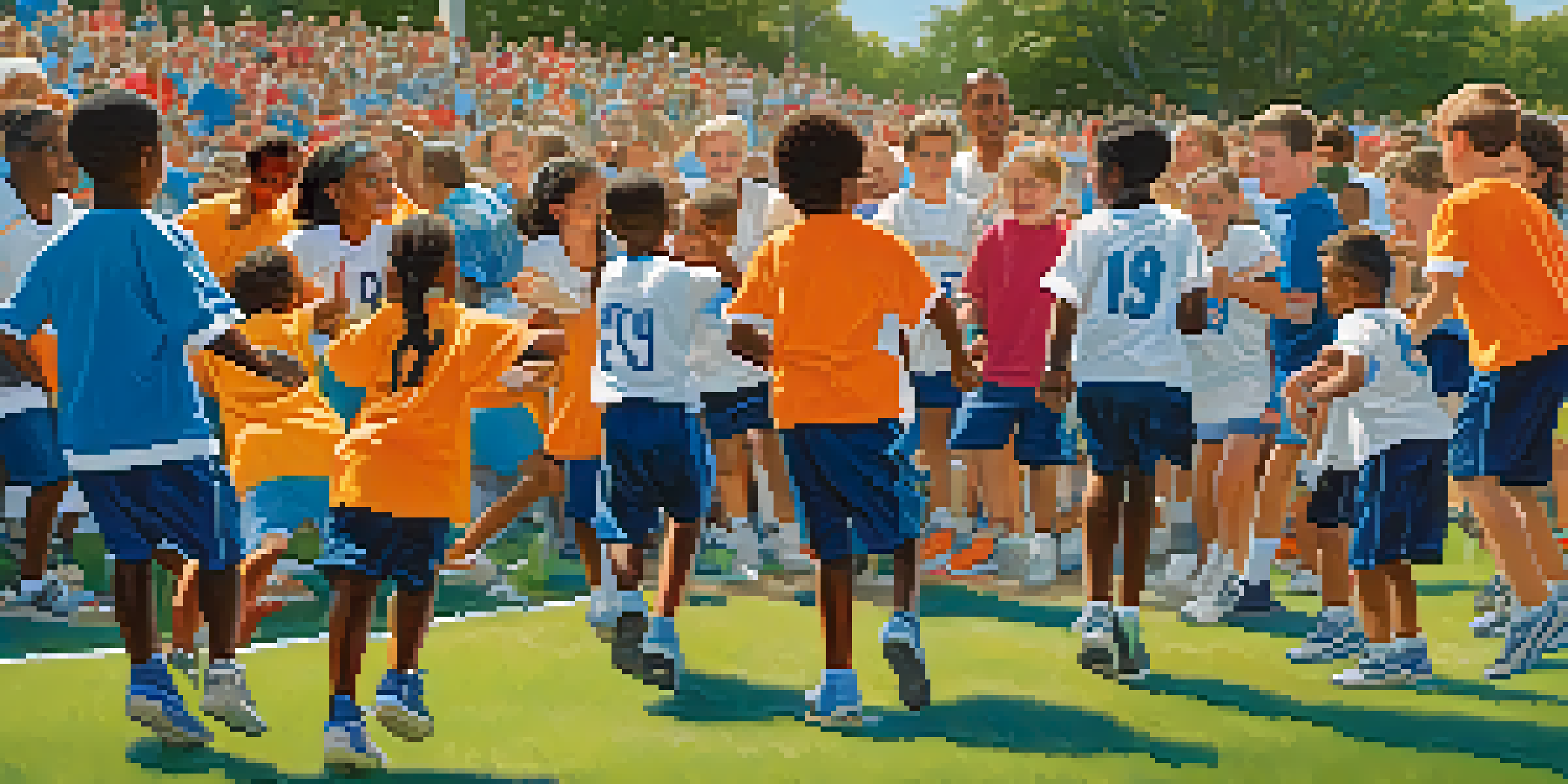 A lively community youth sports event with children playing soccer and basketball, surrounded by cheering parents and a sunny blue sky.