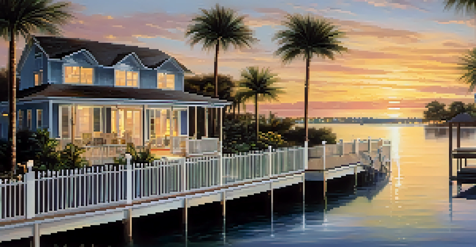 A waterfront property in Tampa Bay with a house and deck, set against a sunset reflecting on the water.