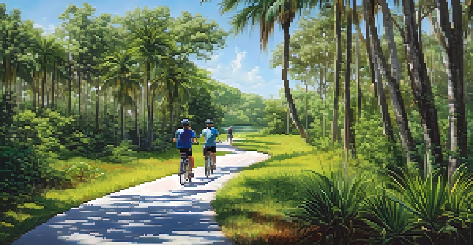 A family biking on a scenic trail surrounded by nature, with trees and wetlands in the background.