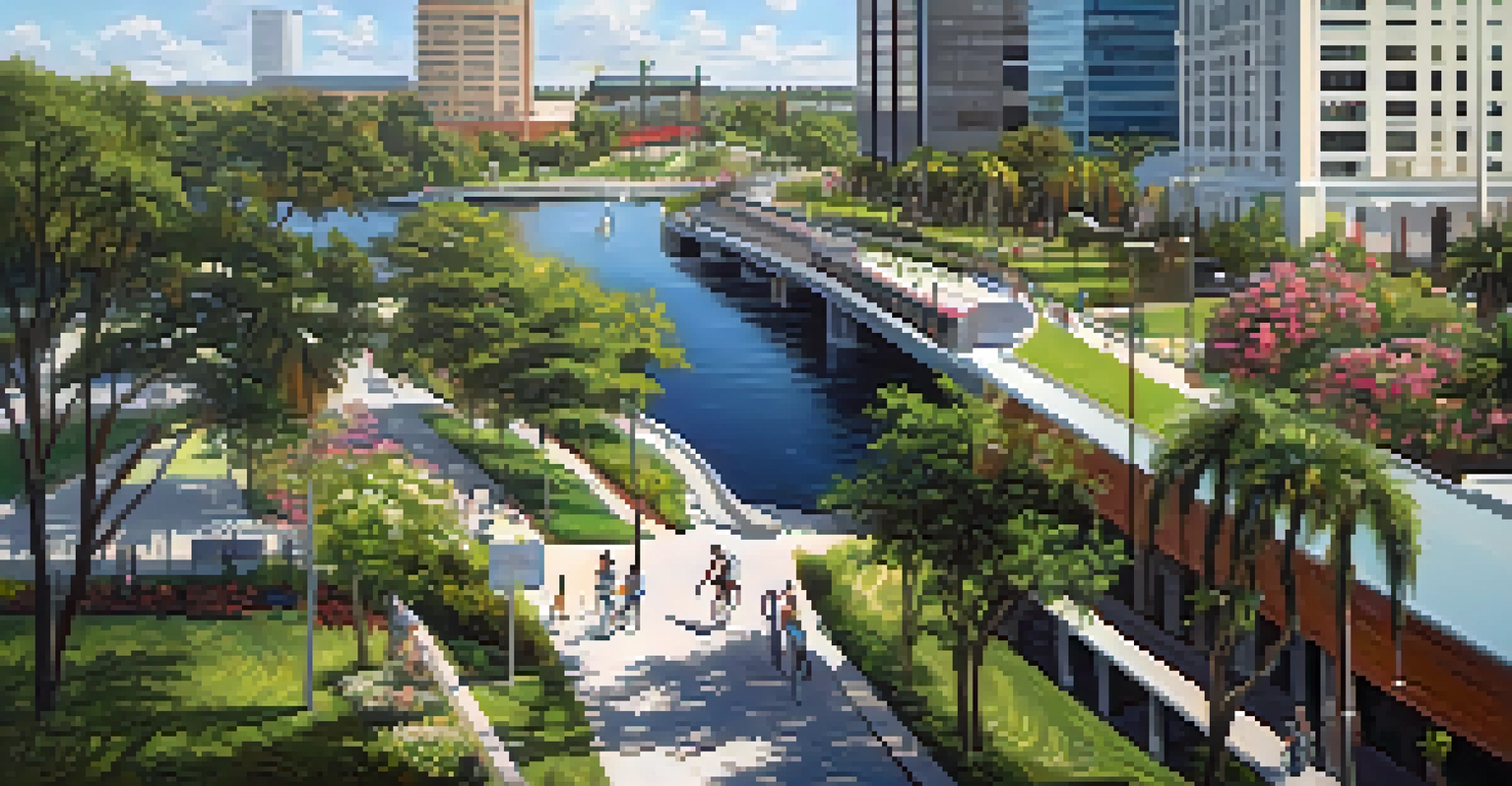 Aerial view of the Tampa Riverwalk with people biking and walking along the scenic pathway by the water.