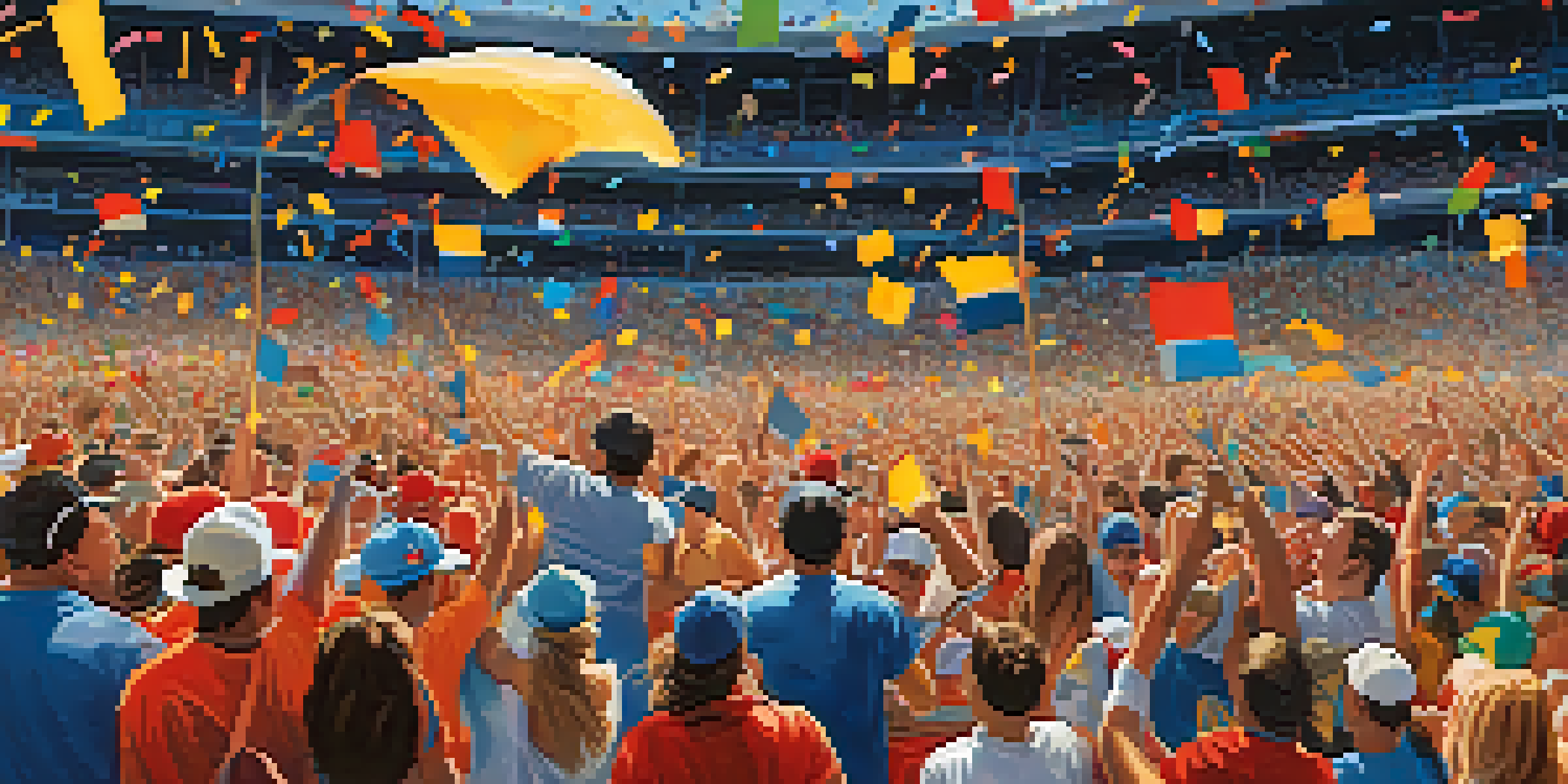 A packed stadium in Tampa Bay filled with enthusiastic fans wearing team colors, celebrating a sports event under a clear blue sky.
