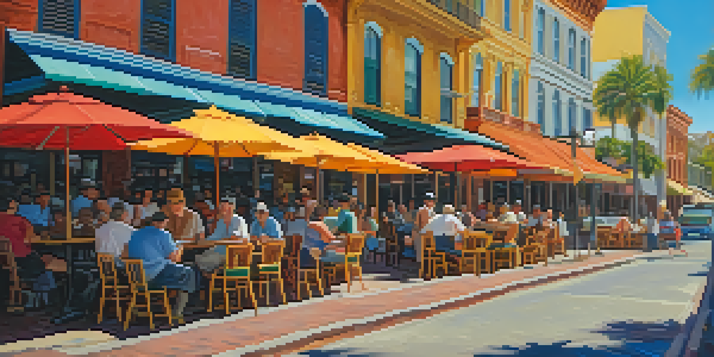 A lively outdoor cafe scene in Ybor City, Tampa, filled with people enjoying food and surrounded by palm trees.