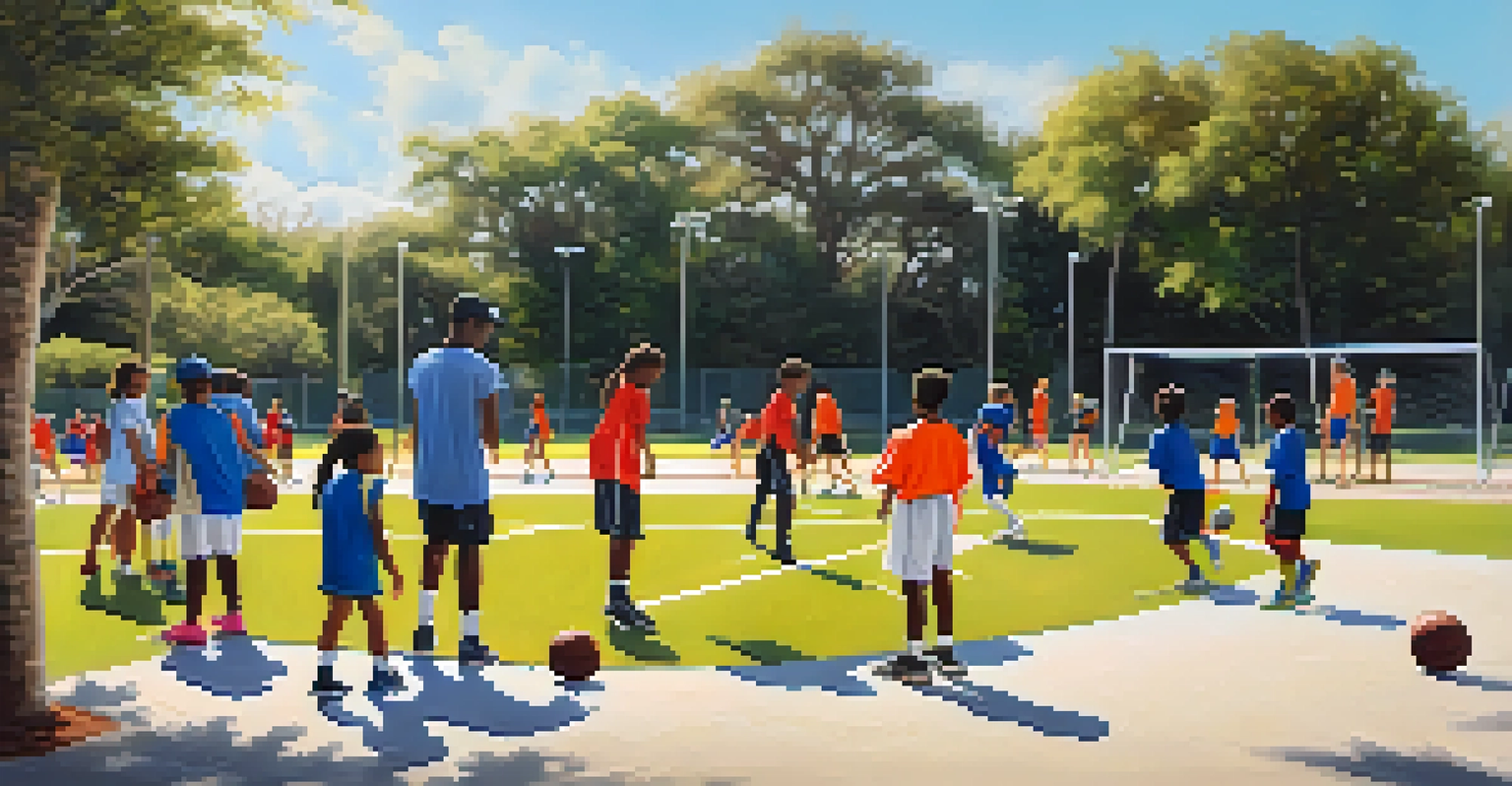Young athletes practicing sports in a park in Tampa Bay, with a coach guiding them.