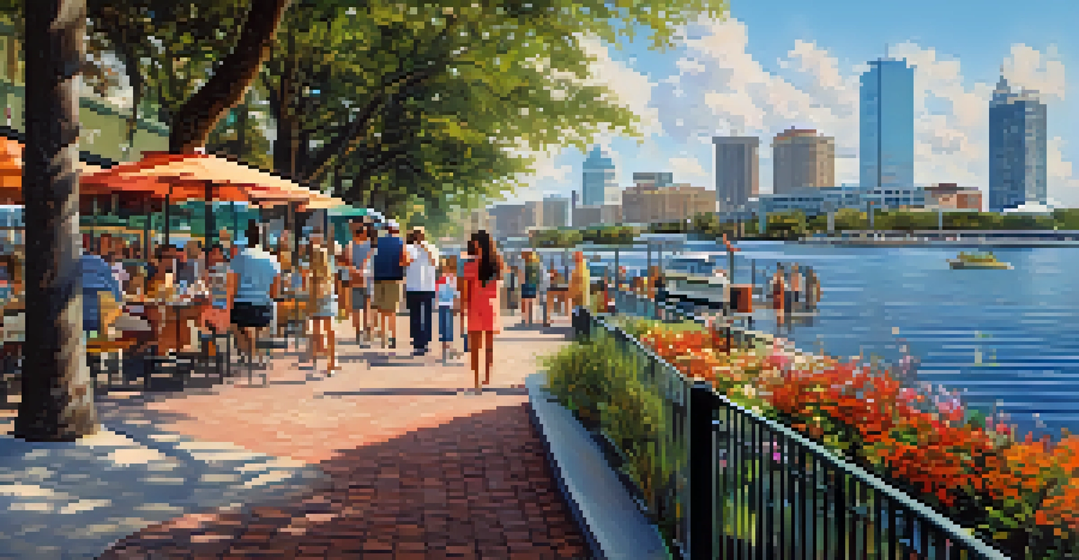A bustling day at Tampa Riverwalk with families walking, colorful cafes, and the skyline in the background.