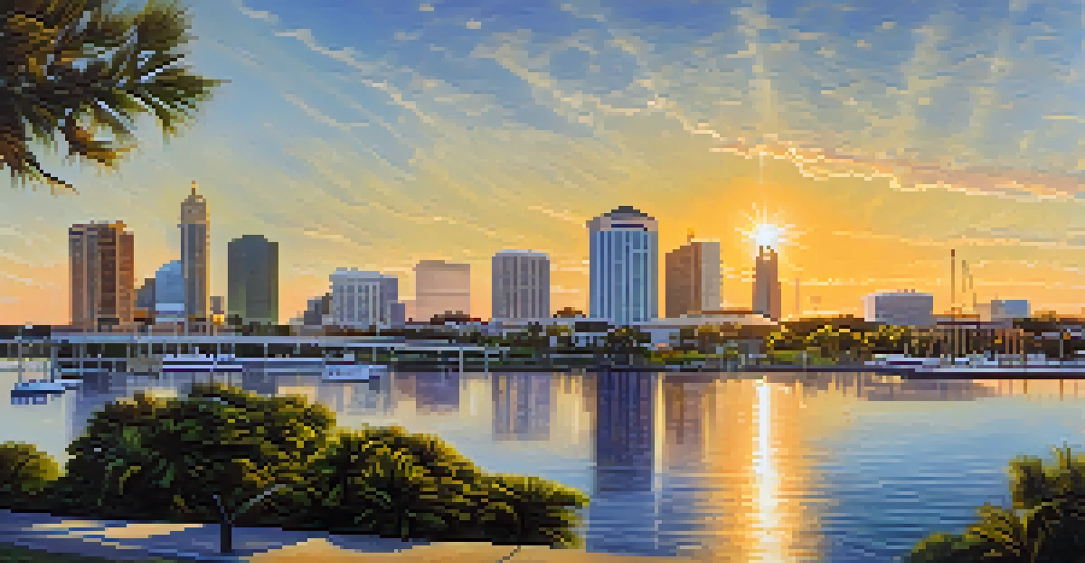A scenic waterfront view of Tampa's skyline at sunset, featuring solar panels on rooftops and green spaces along the shore, reflecting the city's dedication to environmental sustainability.