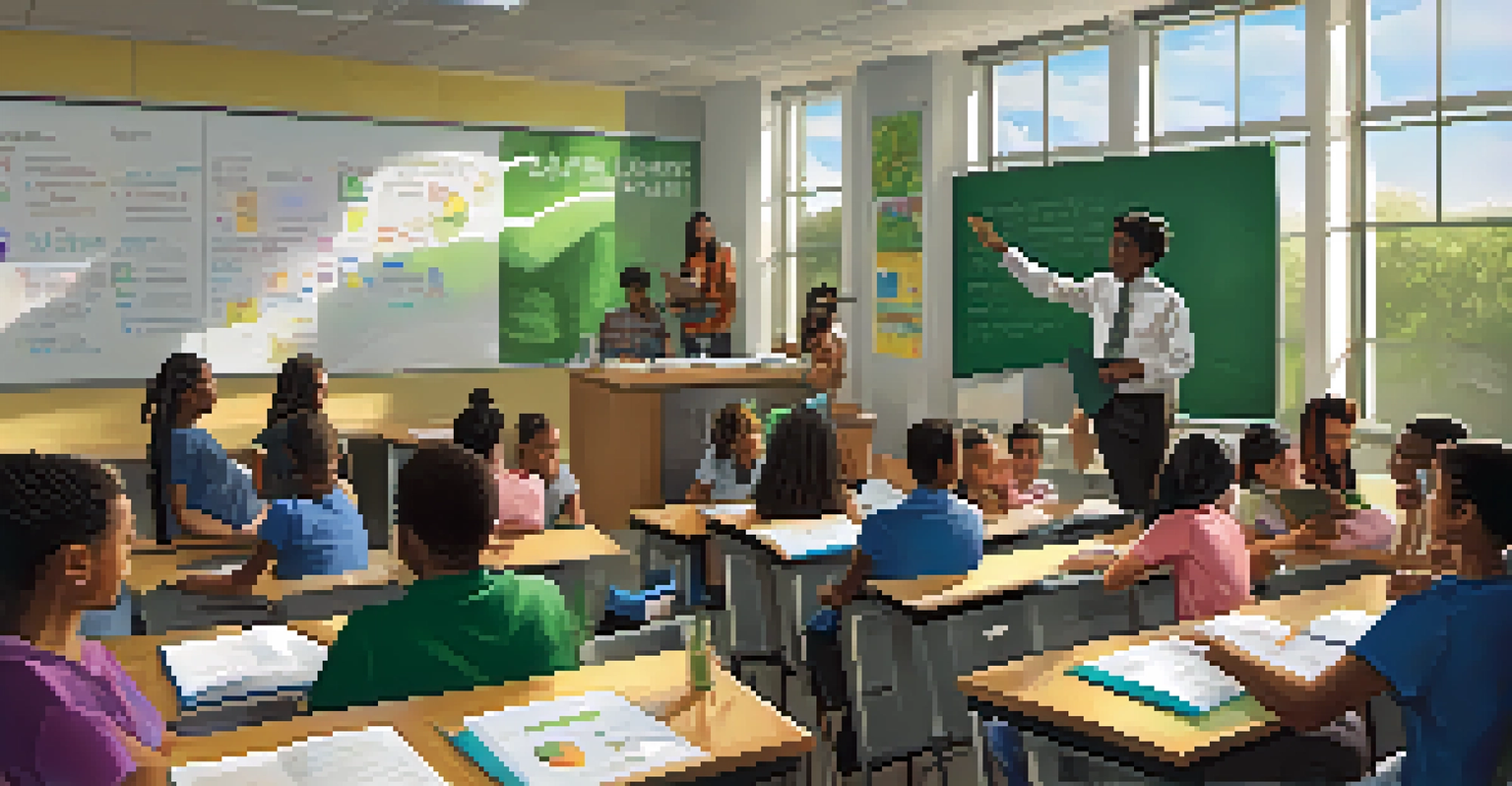 A diverse group of students in a bright classroom engaged in a lecture, with a professor interacting with them, surrounded by educational materials.