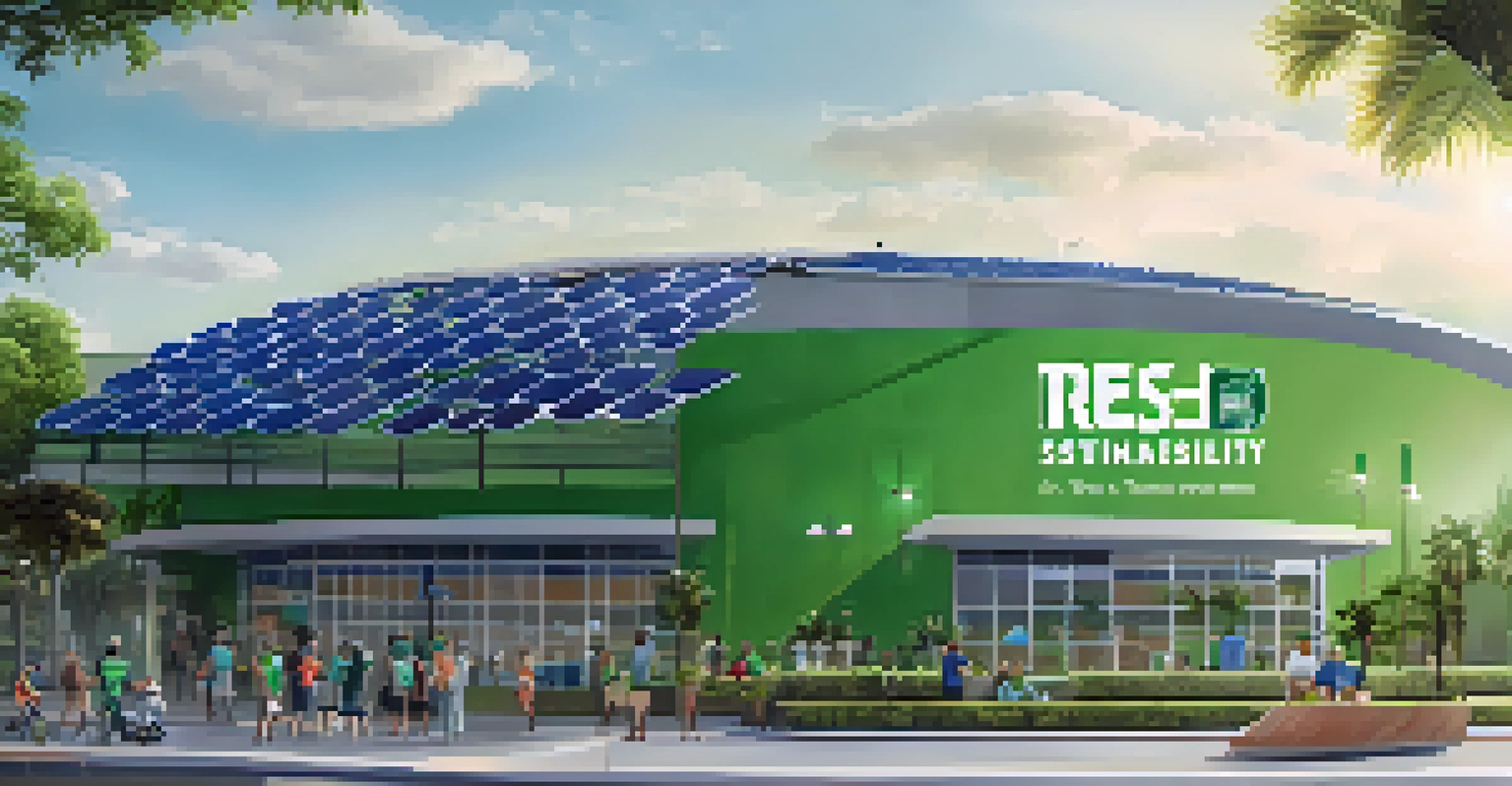 Close-up of recycling bins and solar panels at a Tampa Bay sports venue, surrounded by greenery, highlighting sustainability efforts.