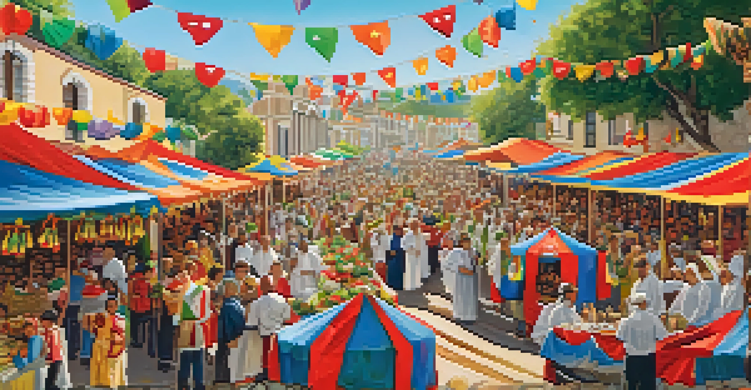 A lively outdoor festival scene with diverse people celebrating and colorful decorations, highlighting cultural exchange.