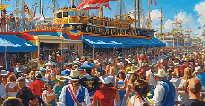 A lively pirate-themed parade at the Gasparilla Festival in Tampa, with colorful floats, costumed participants, and a cheering crowd.