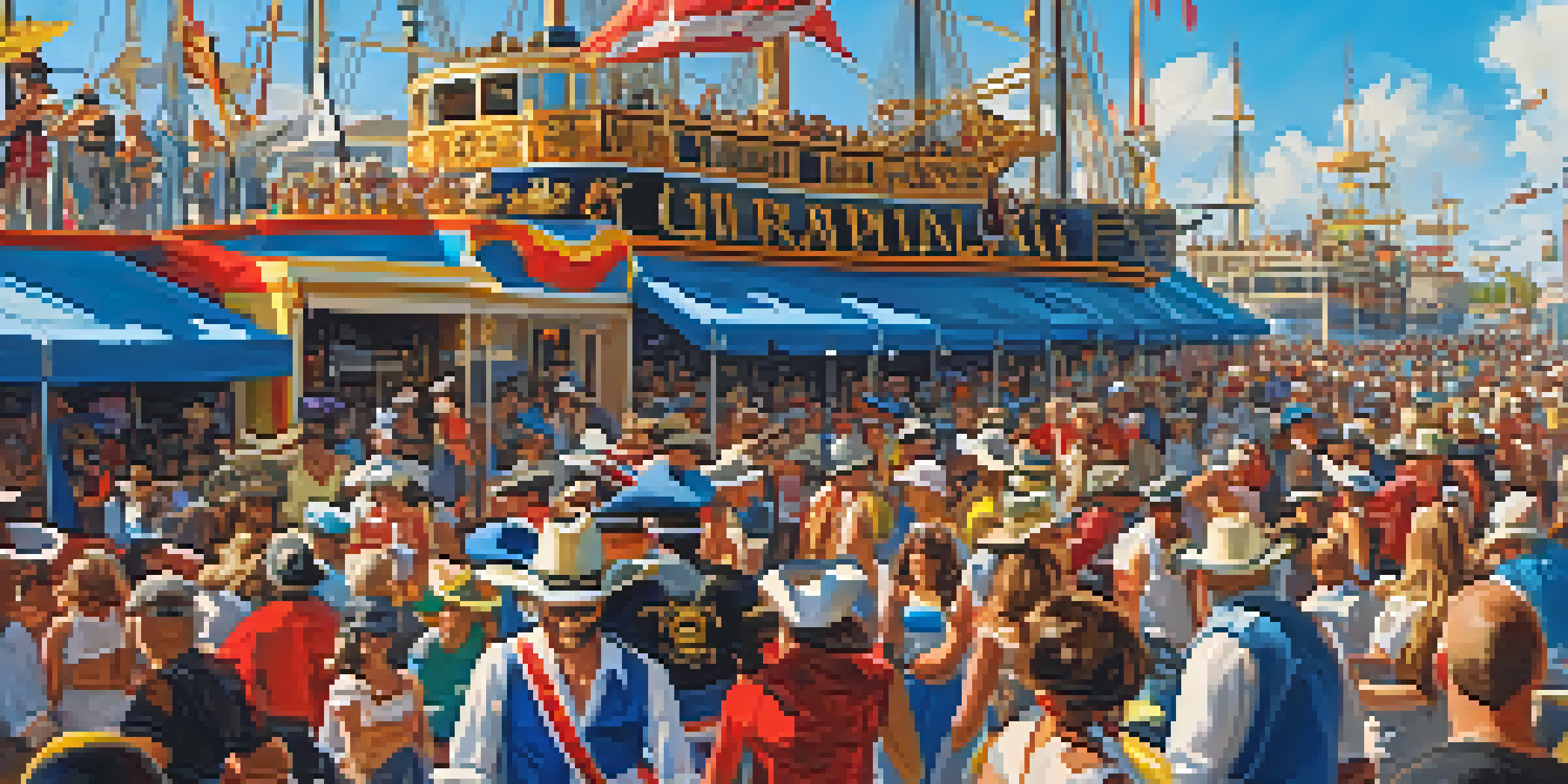 A lively pirate-themed parade at the Gasparilla Festival in Tampa, with colorful floats, costumed participants, and a cheering crowd.